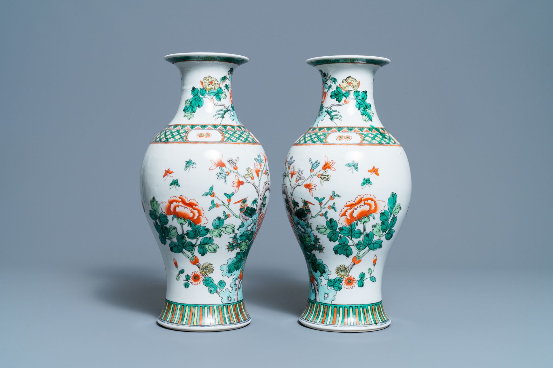 A pair of Chinese famille verte vases with birds among blossoming branches, Republic - Image 4 of 6