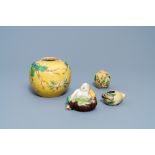 Two Chinese biscuit jars, a Buddha figure and a brushwasher, 19/20th C.