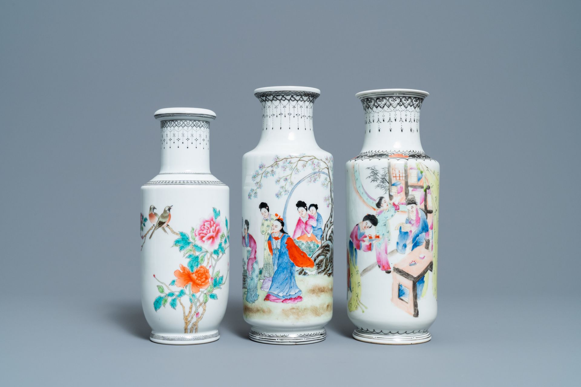 Three Chinese famille rose rouleau vases, Qianlong marks, Republic - Image 2 of 7