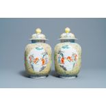 A pair of Chinese famille rose yellow-ground vases and covers, Guangxu mark, Republic