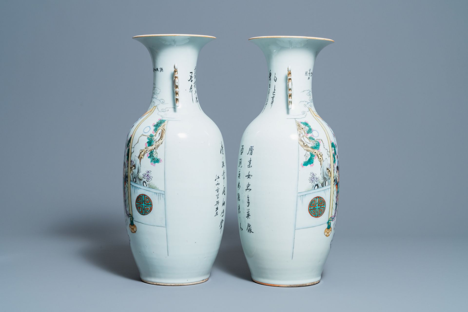 A pair of Chinese famille rose 'ladies' vases, 19/20th C. - Image 2 of 6