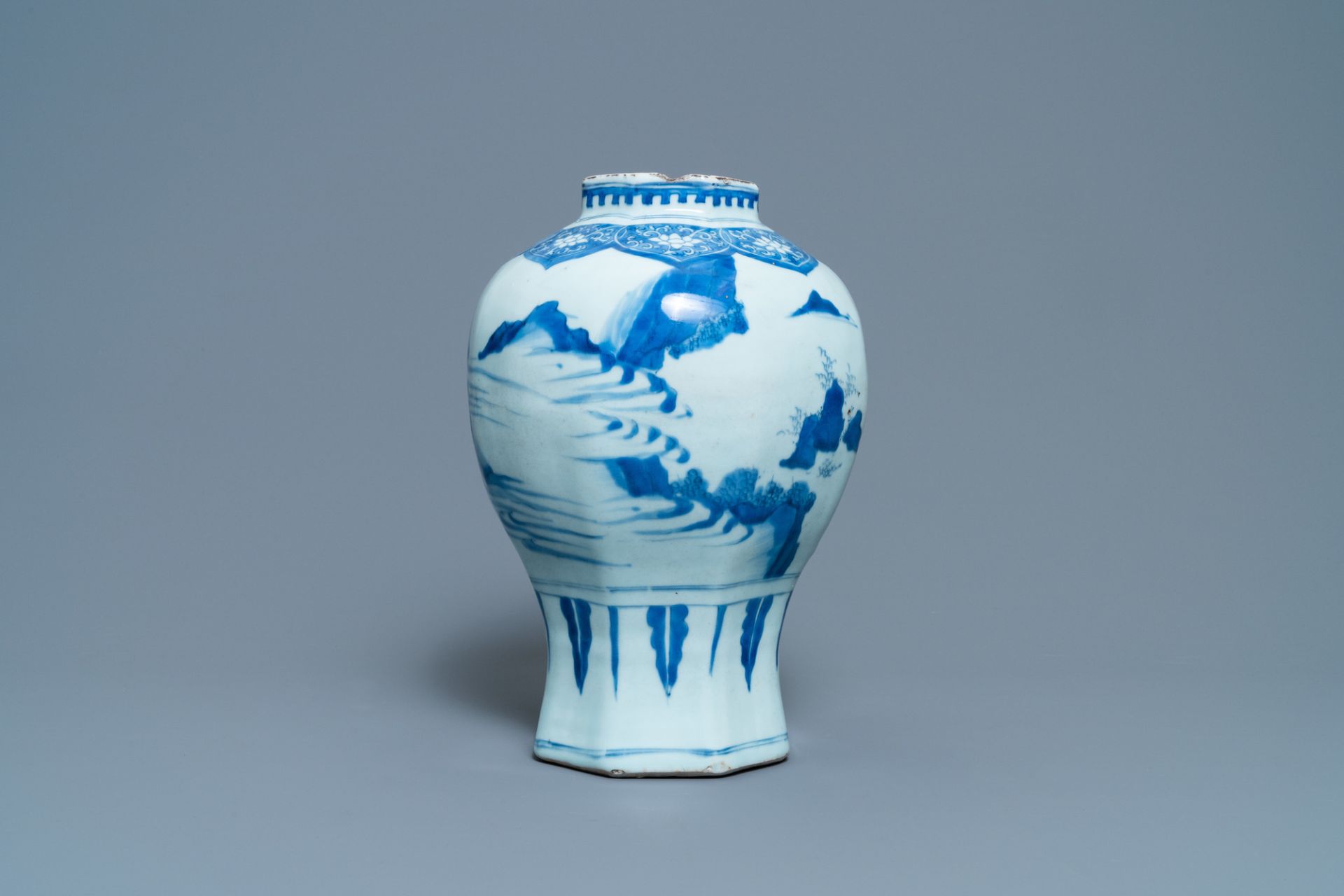 A Chinese blue and white vase with figures in a landscape, Transitional period - Image 3 of 6