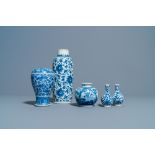 Five Chinese blue and white vases, Kangxi and later