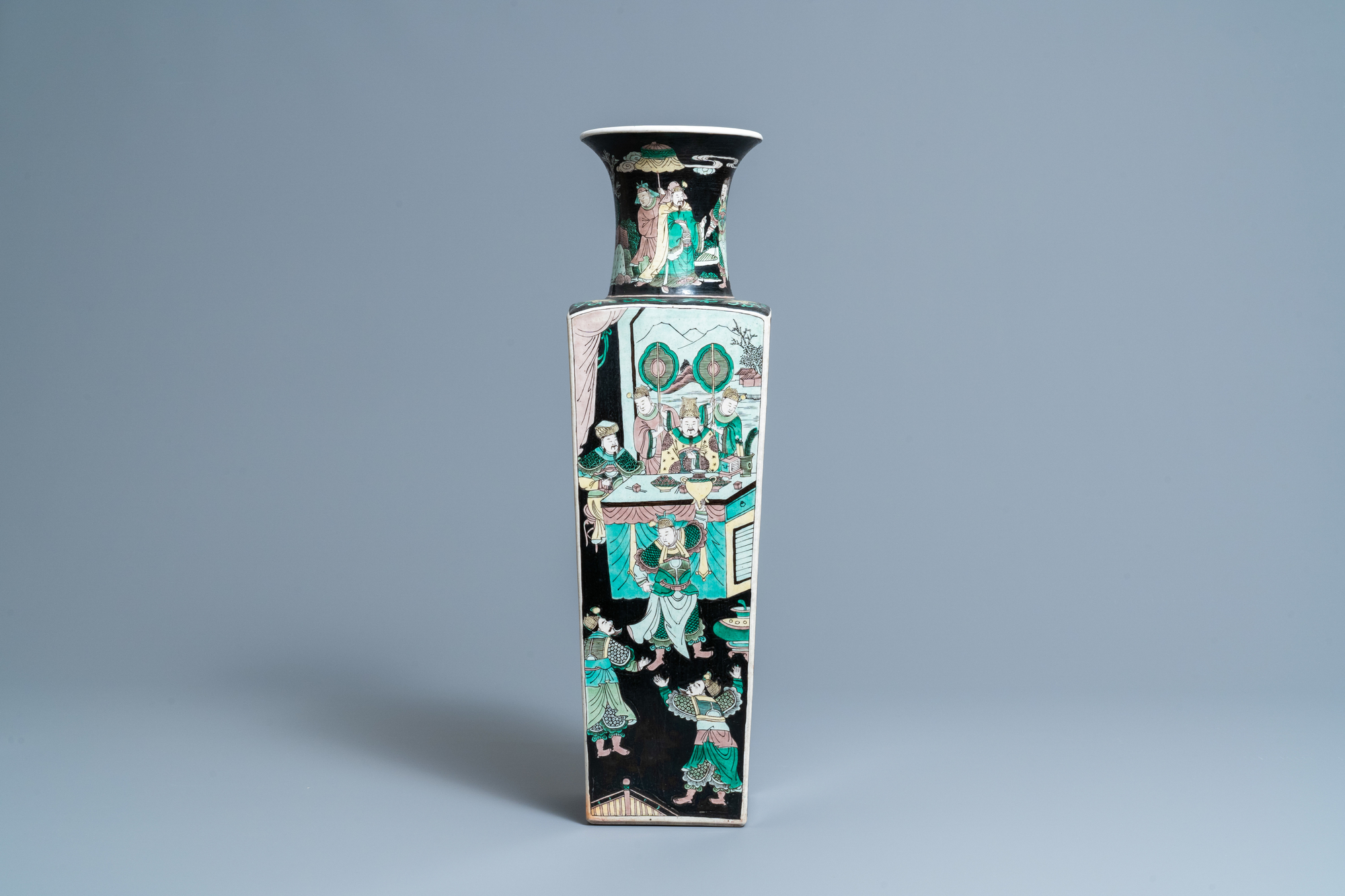 A Chinese square famille noire vase with figurative panels, Kangxi mark, 19th C. - Image 3 of 7