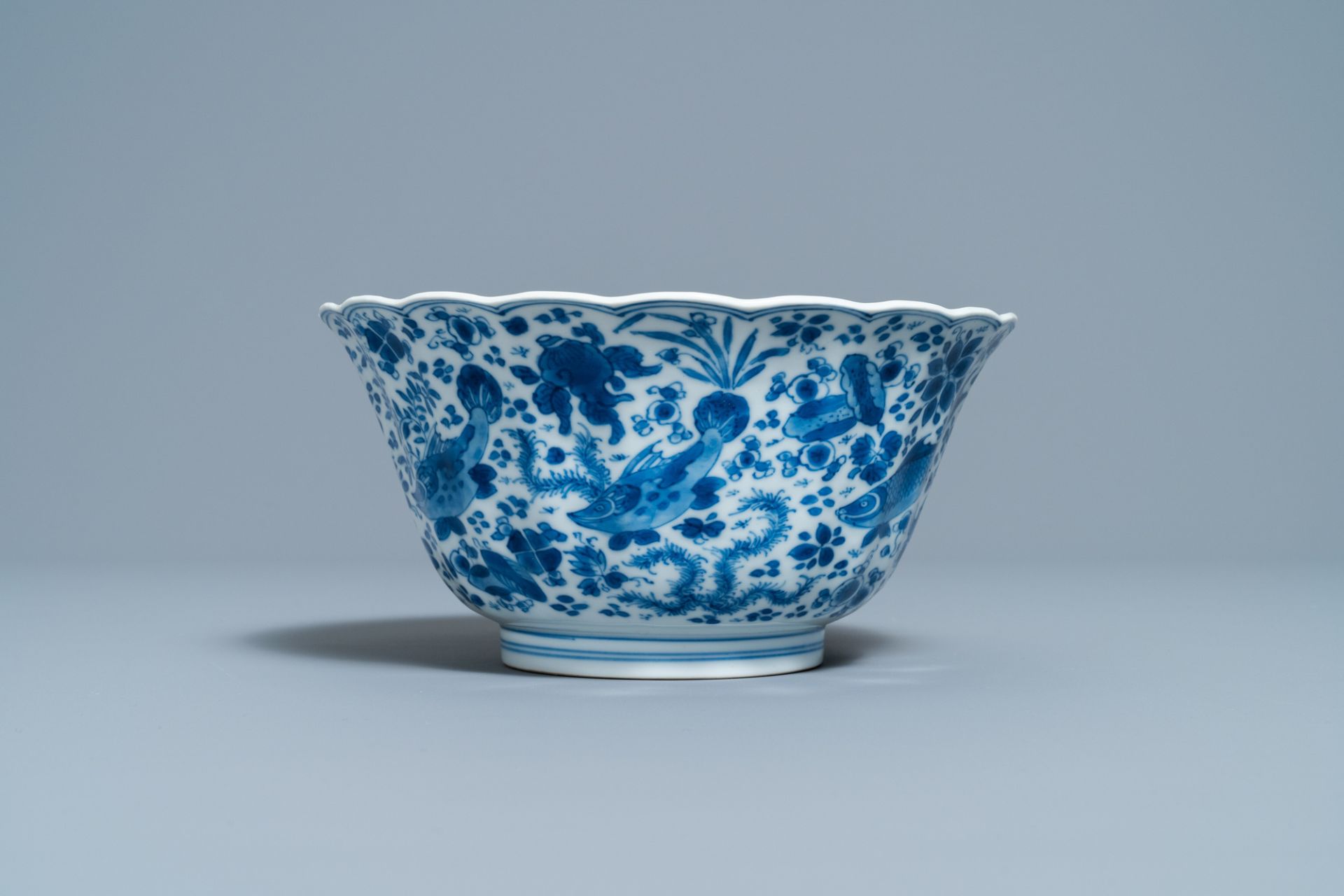 A Chinese blue and white lobed 'carps and crab' bowl, Kangxi - Image 2 of 7