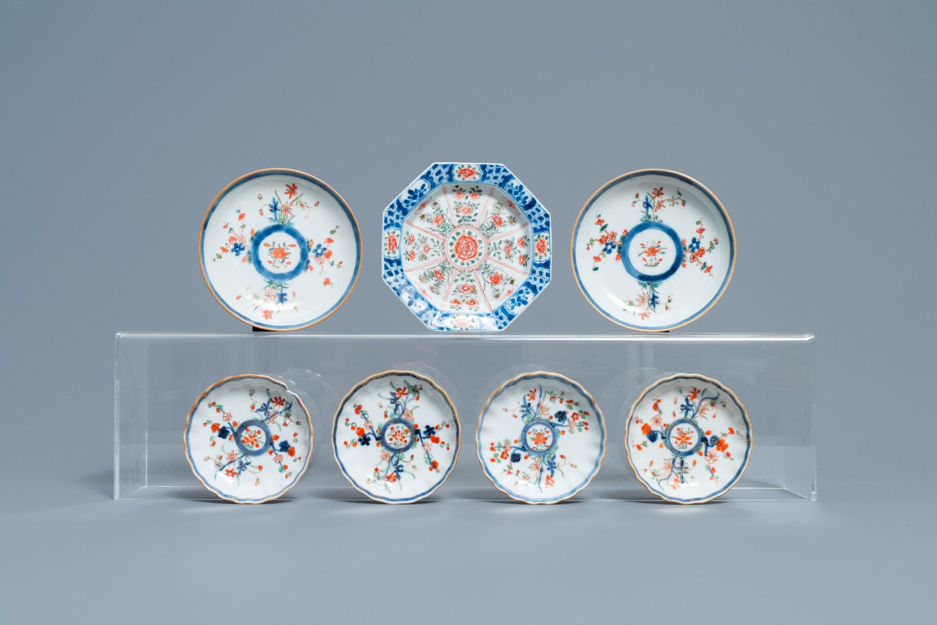 A Chinese famille verte teapot, seven saucers and five cups, Kangxi - Image 2 of 9