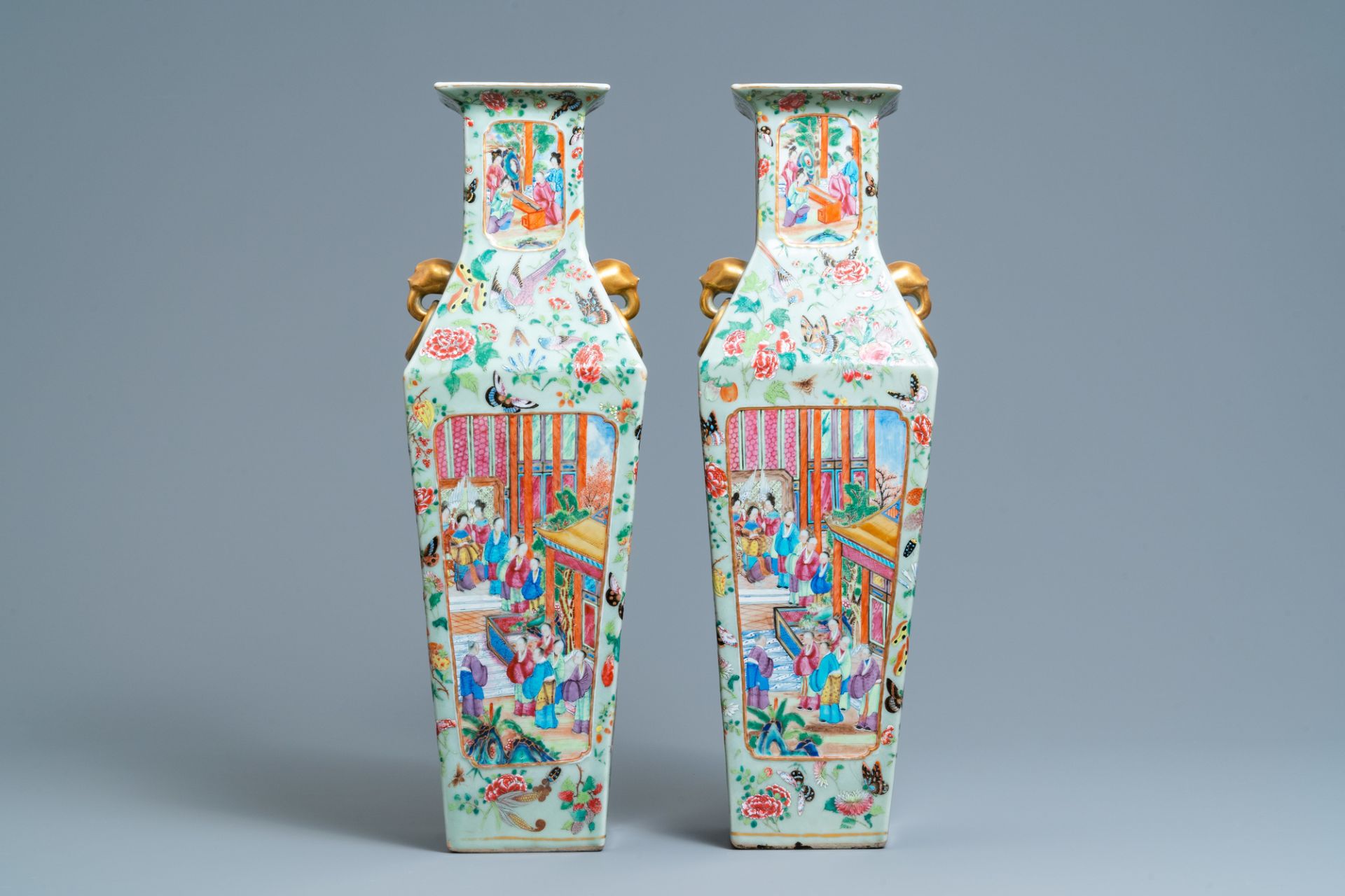 A pair of Chinese square famille rose celadon-ground vases on gilt bronze feet, 19th C. - Image 2 of 7