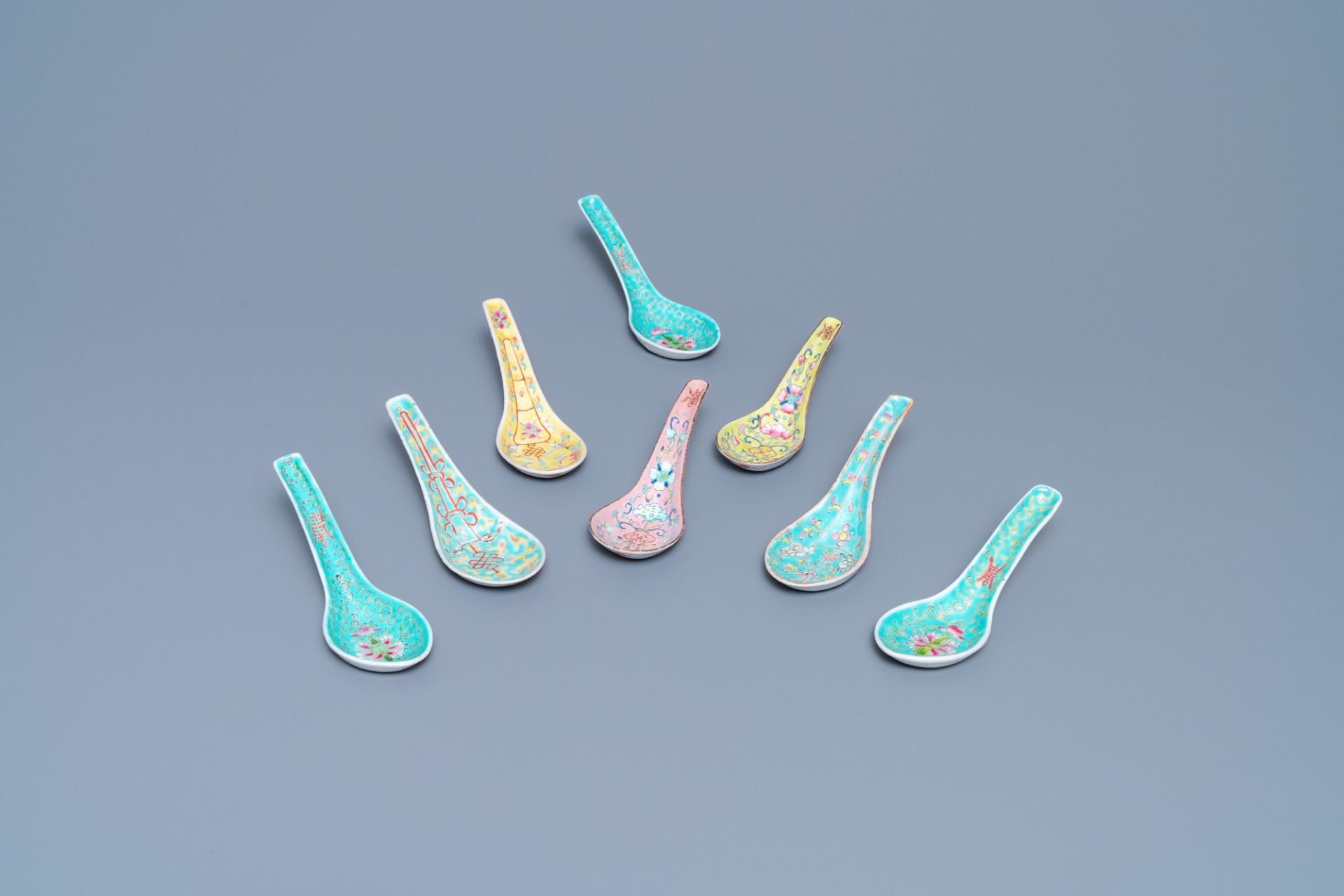 Eight Chinese famille rose spoons, one pair Tongzhi mark and of the period, 19/20th C.