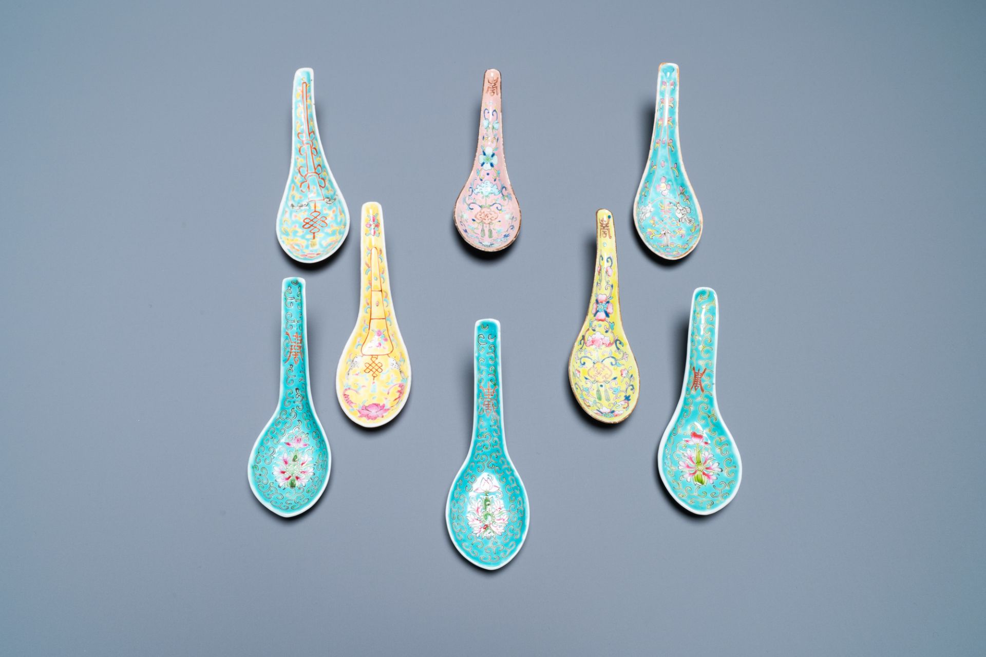 Eight Chinese famille rose spoons, one pair Tongzhi mark and of the period, 19/20th C. - Image 2 of 9