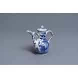 A Dutch Delft blue and white chinoiserie wine ewer and cover, 18th C.