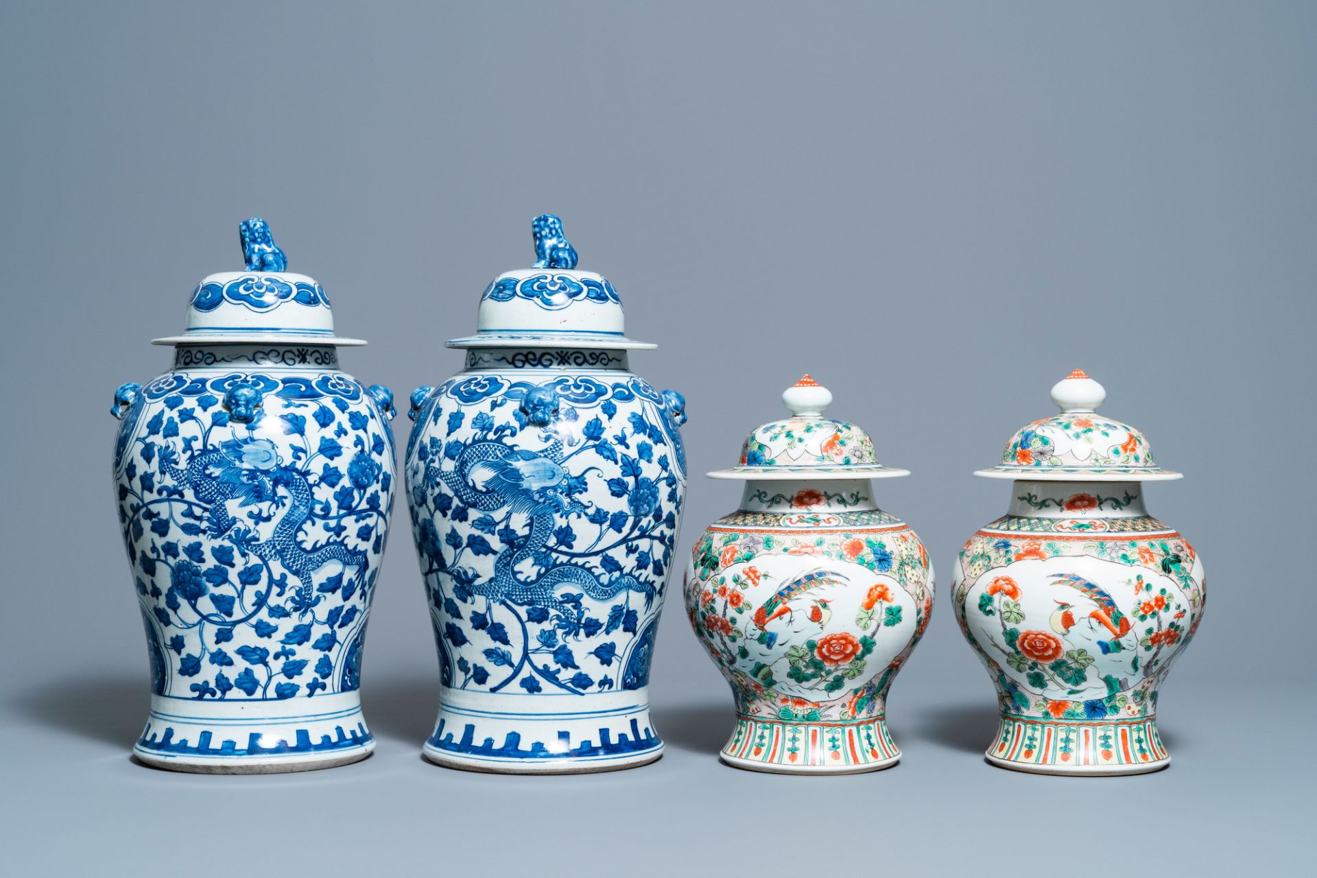 Two pairs of Chinese blue and white and famille verte vases and covers, 19/20th C. - Image 2 of 9