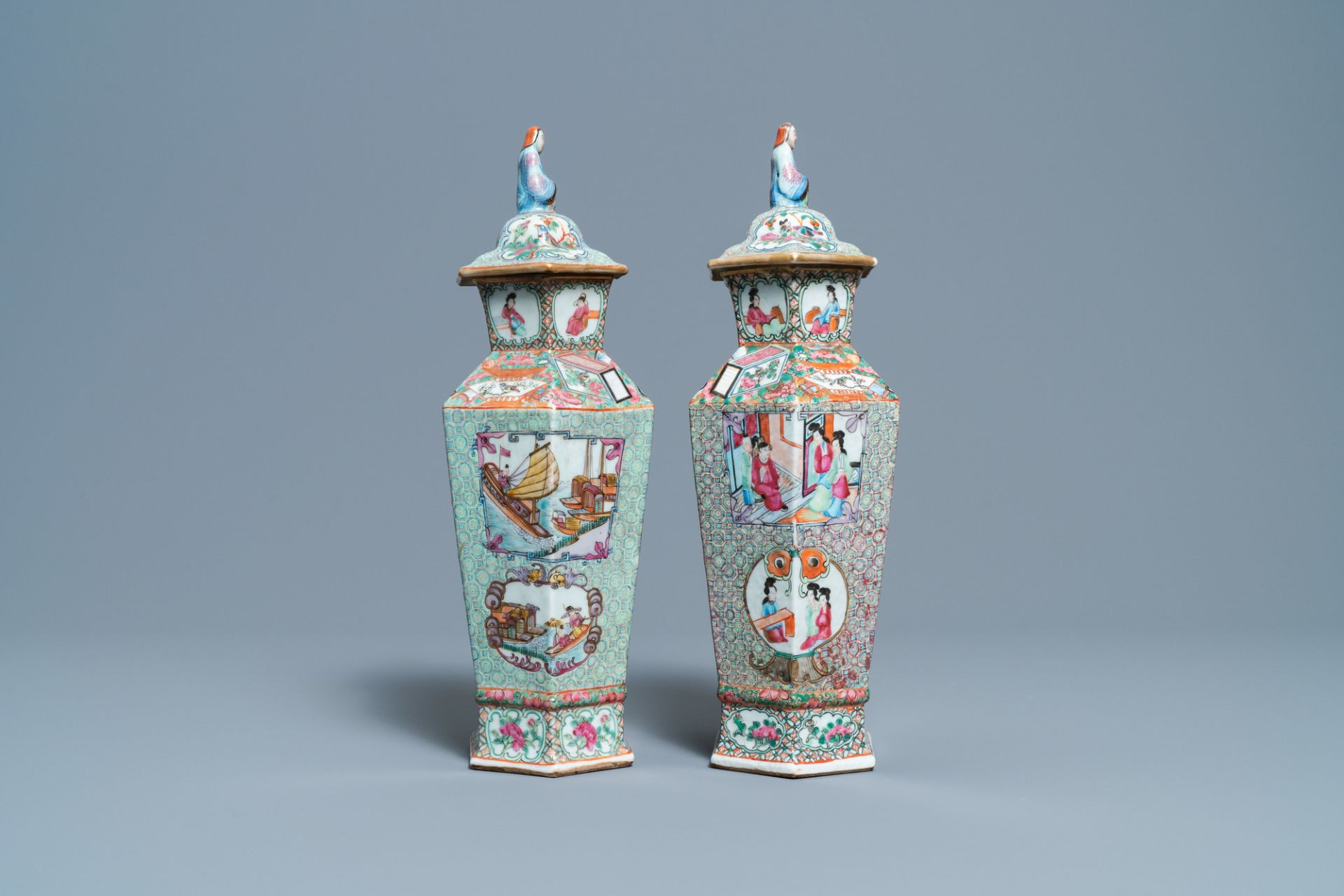 Two Chinese hexagonal Canton famille rose vases and covers, 19th C. - Image 4 of 6