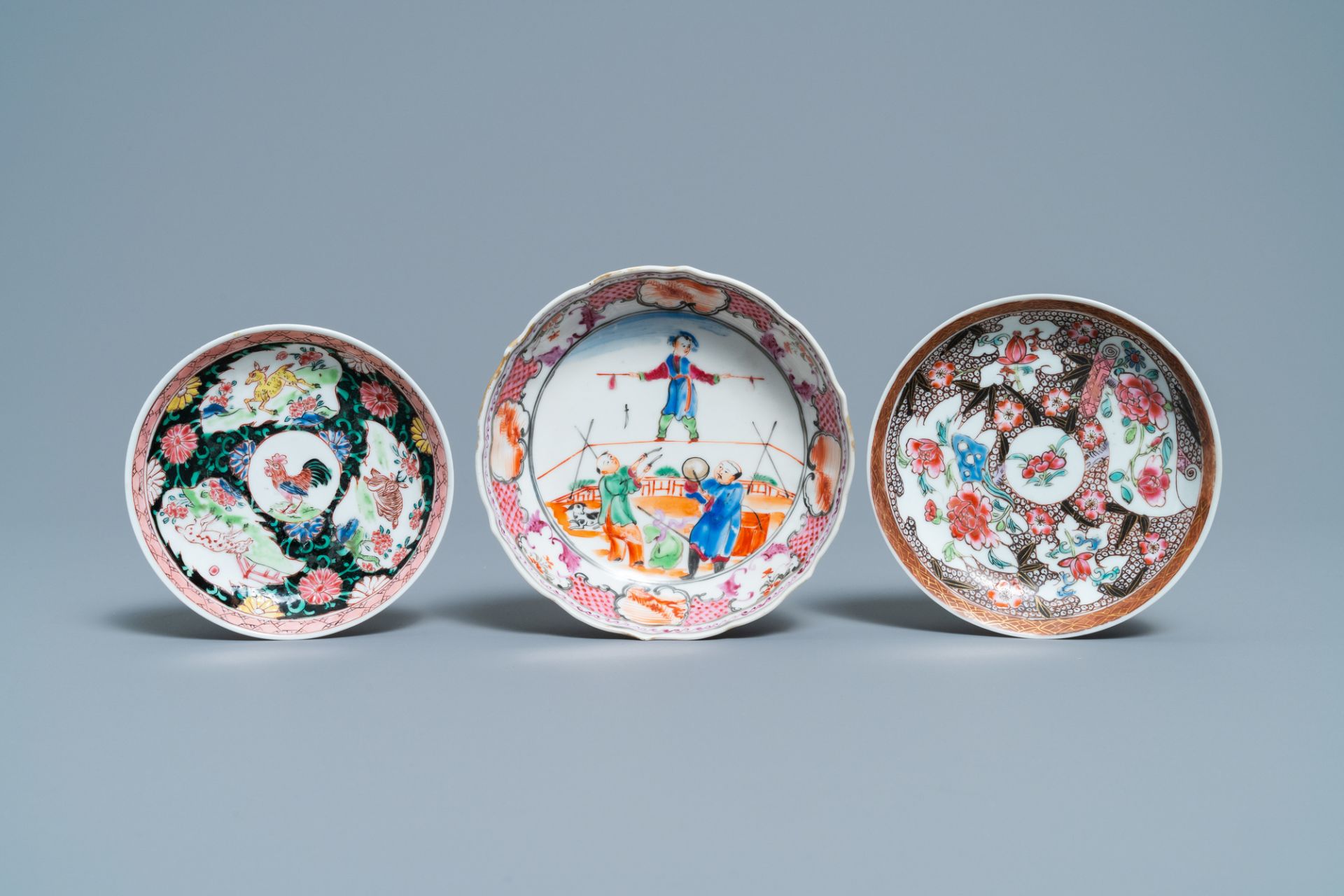 A Chinese famille rose teapot and three cups and saucers, Yongzheng/Qianlong - Image 2 of 9