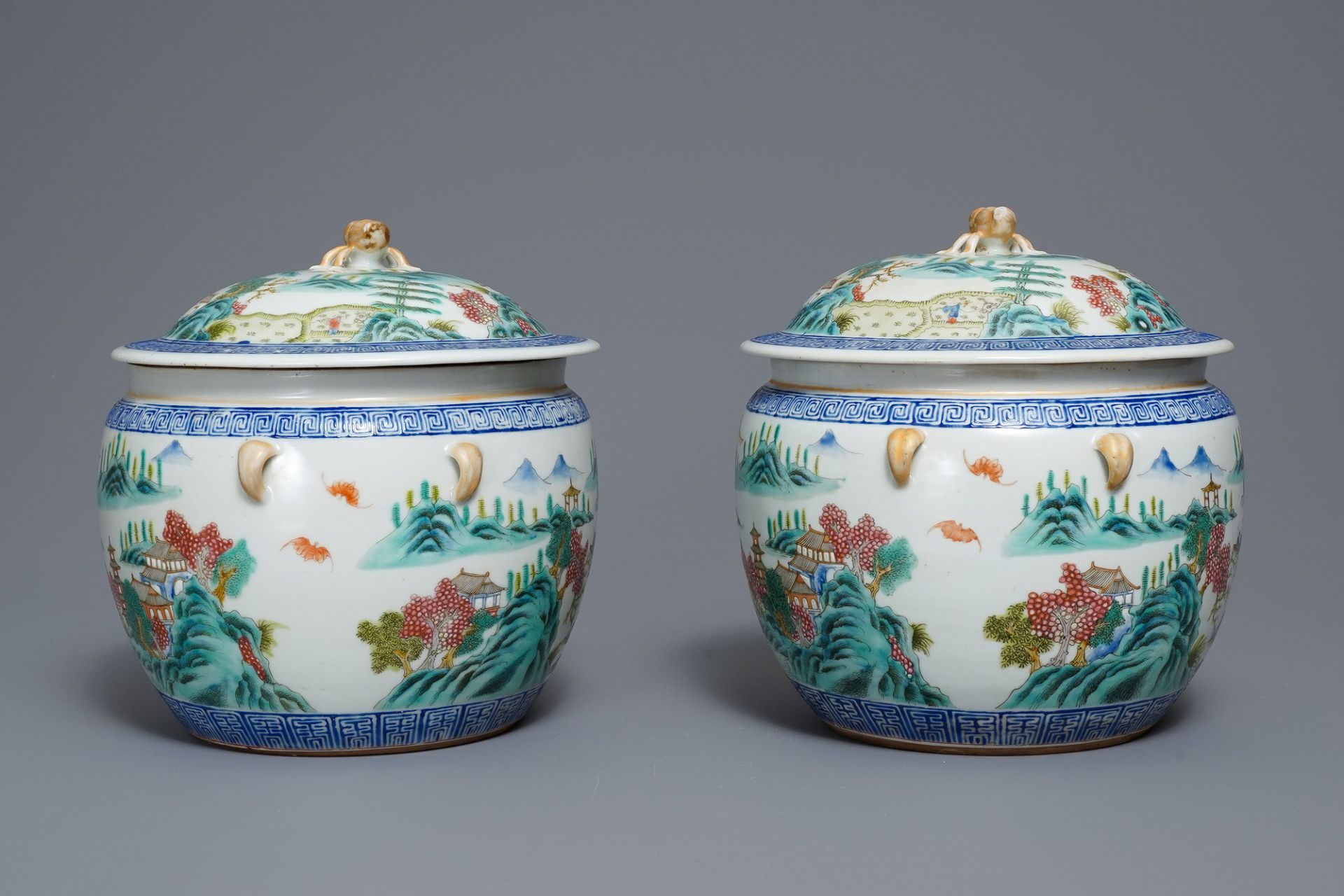 A pair of Chinese famille rose bowls and covers with landscapes, Qianlong mark, Republic - Image 5 of 15