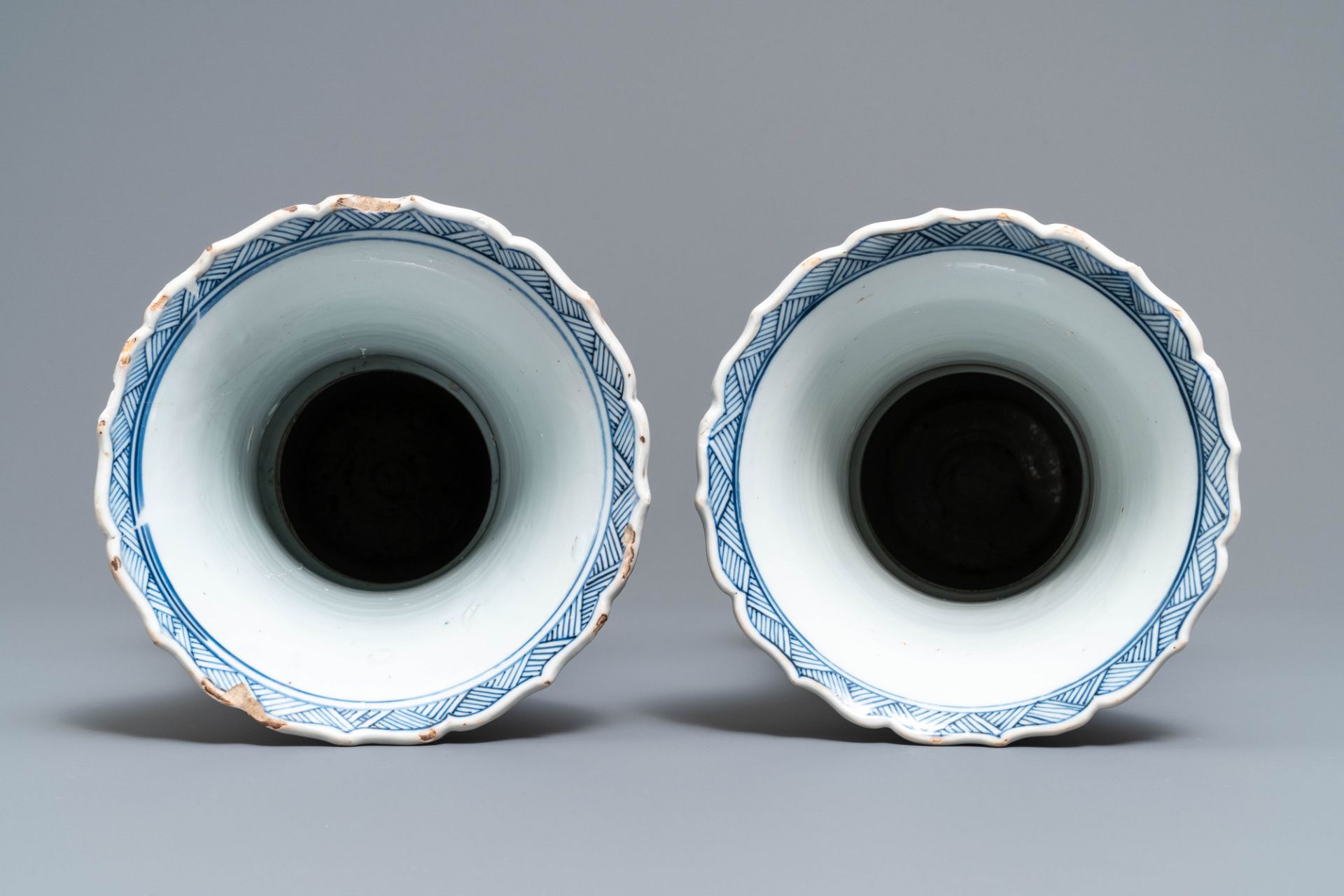 A pair of Chinese blue and white yenyen vases with figures in landscapes, Kangxi - Image 5 of 30