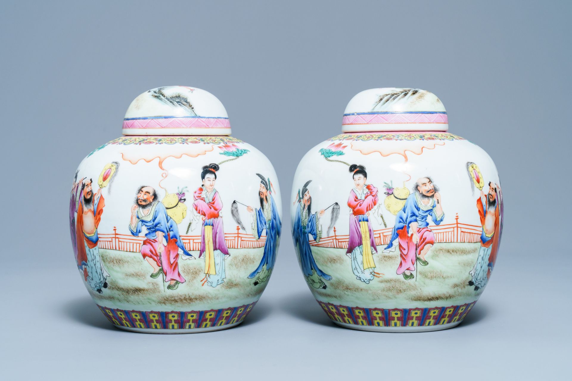 A pair of Chinese famille rose covered jars, Qianlong mark, Republic - Image 2 of 8