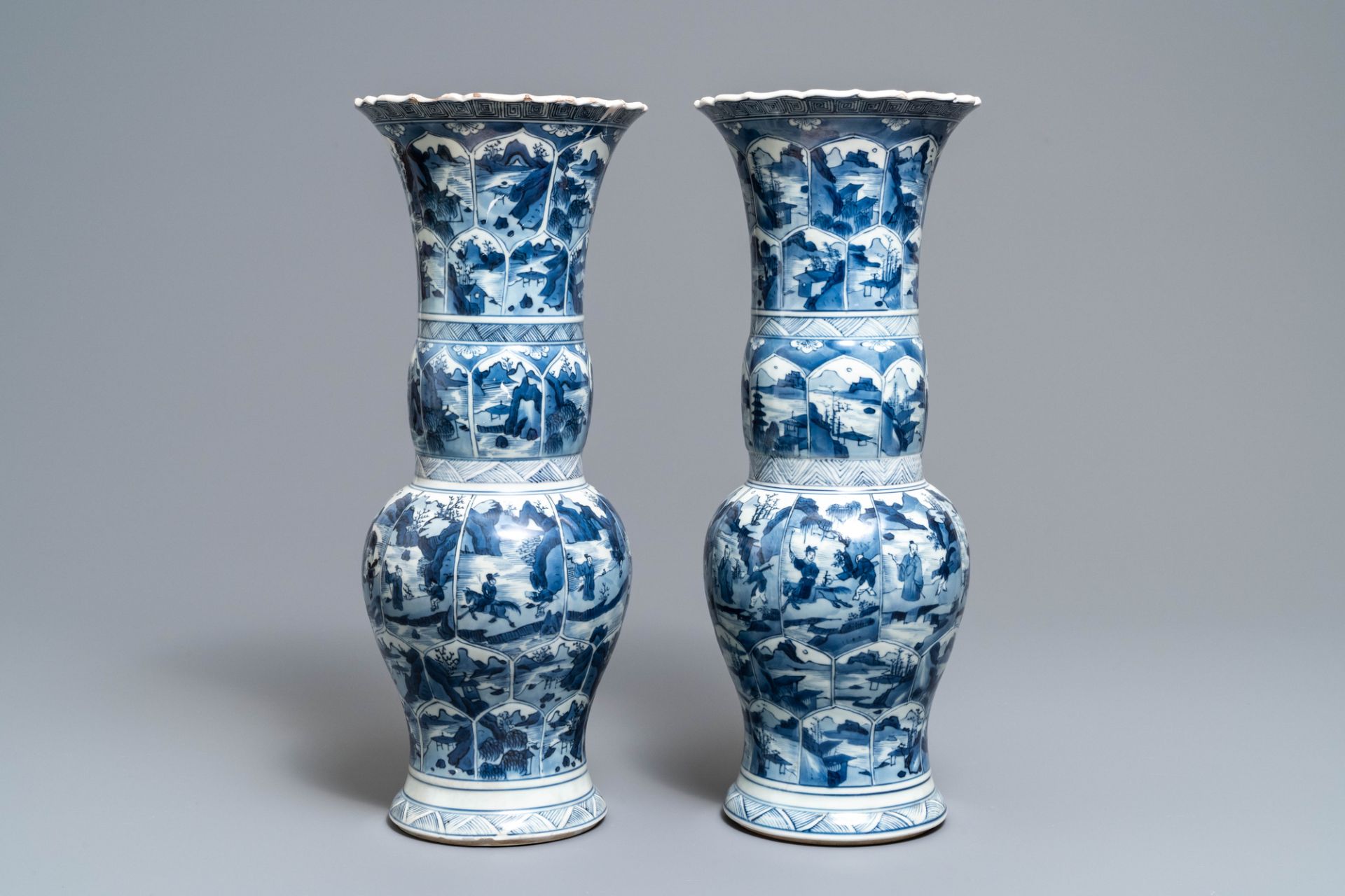 A pair of Chinese blue and white yenyen vases with figures in landscapes, Kangxi - Image 3 of 30