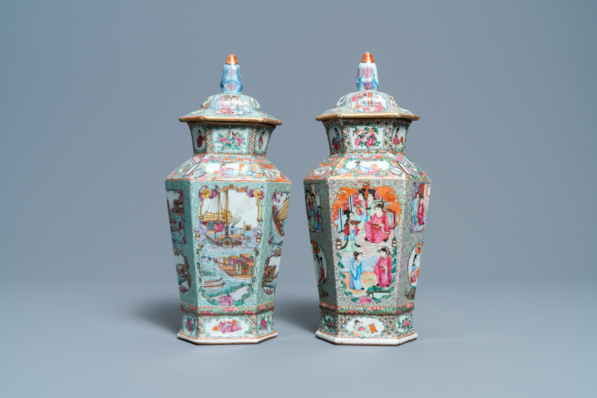 Two Chinese hexagonal Canton famille rose vases and covers, 19th C. - Image 3 of 6