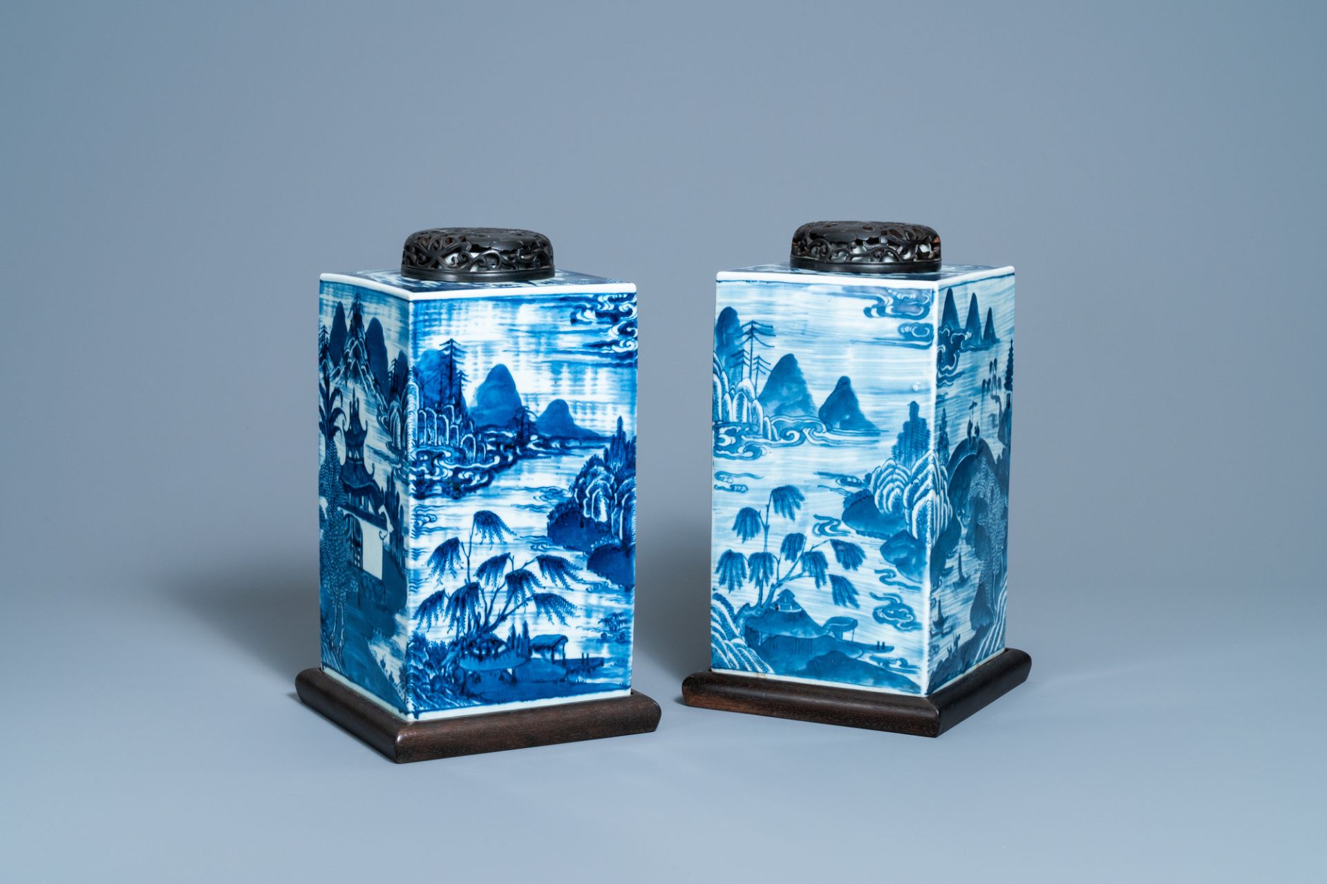 A pair of Chinese blue and white square 'landscape' jars, 19th C.