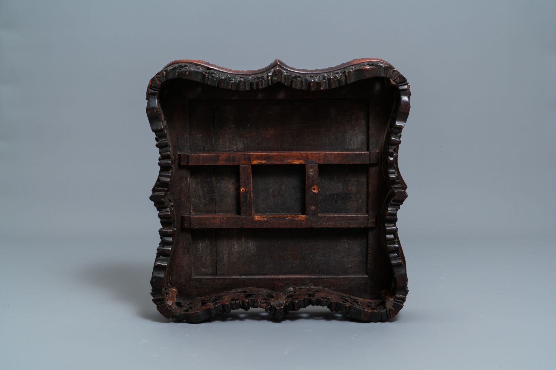 A Chinese carved wooden side table with marble chessboard top, 19th C. - Image 17 of 17