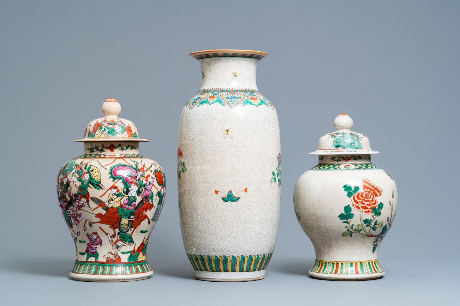 Three Chinese Nanking famille rose and verte crackle-glazed vases, 19/20th C. - Image 3 of 8