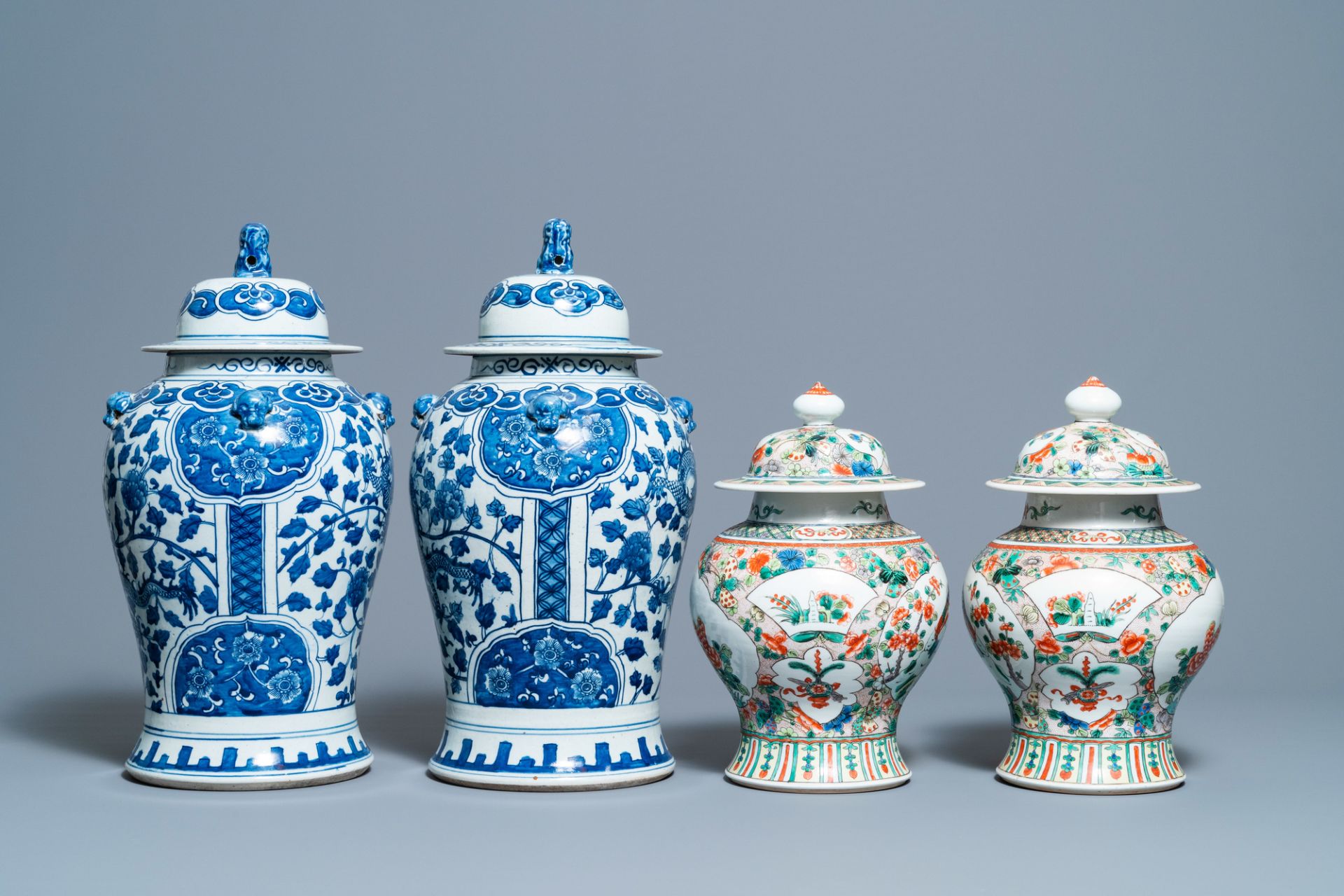 Two pairs of Chinese blue and white and famille verte vases and covers, 19/20th C. - Image 5 of 9