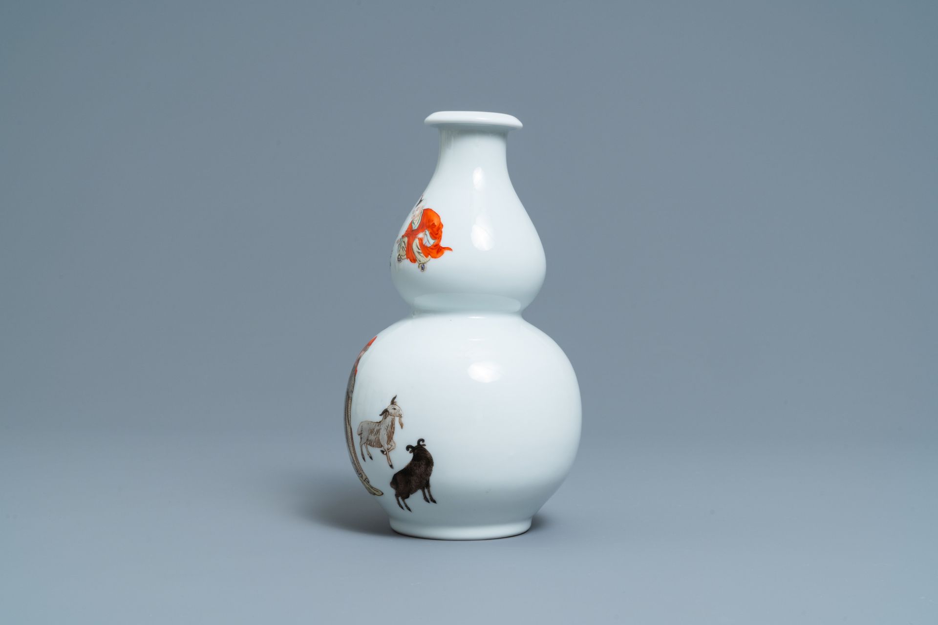 A Chinese polychrome double gourd vase with a goat shepherd, Qianlong mark, Republic - Image 4 of 6