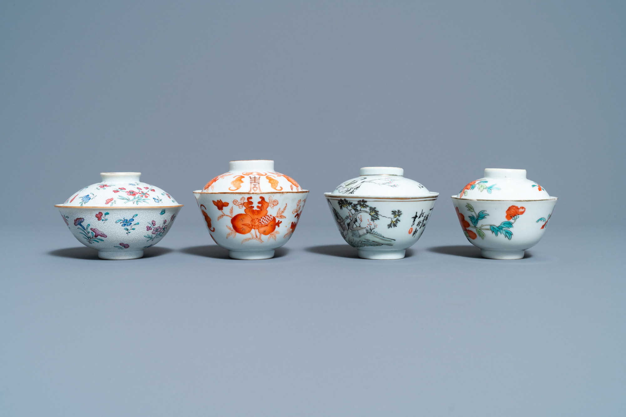 Eight Chinese famille rose and iron-red covered bowls with two stands, 19th C. - Image 9 of 15