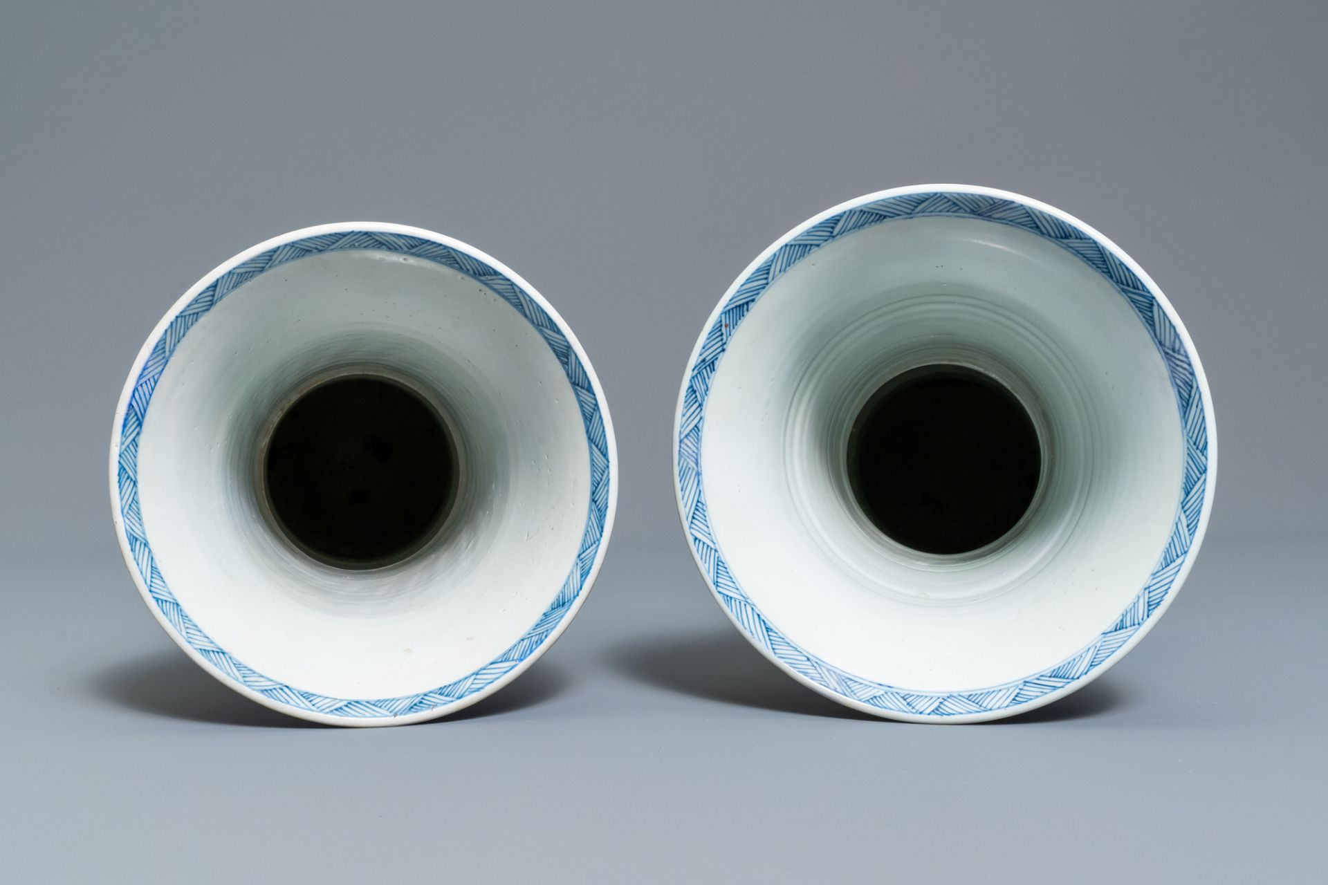 A large Chinese blue and white five-piece garniture with floral and landscape panels, Kangxi - Image 14 of 66