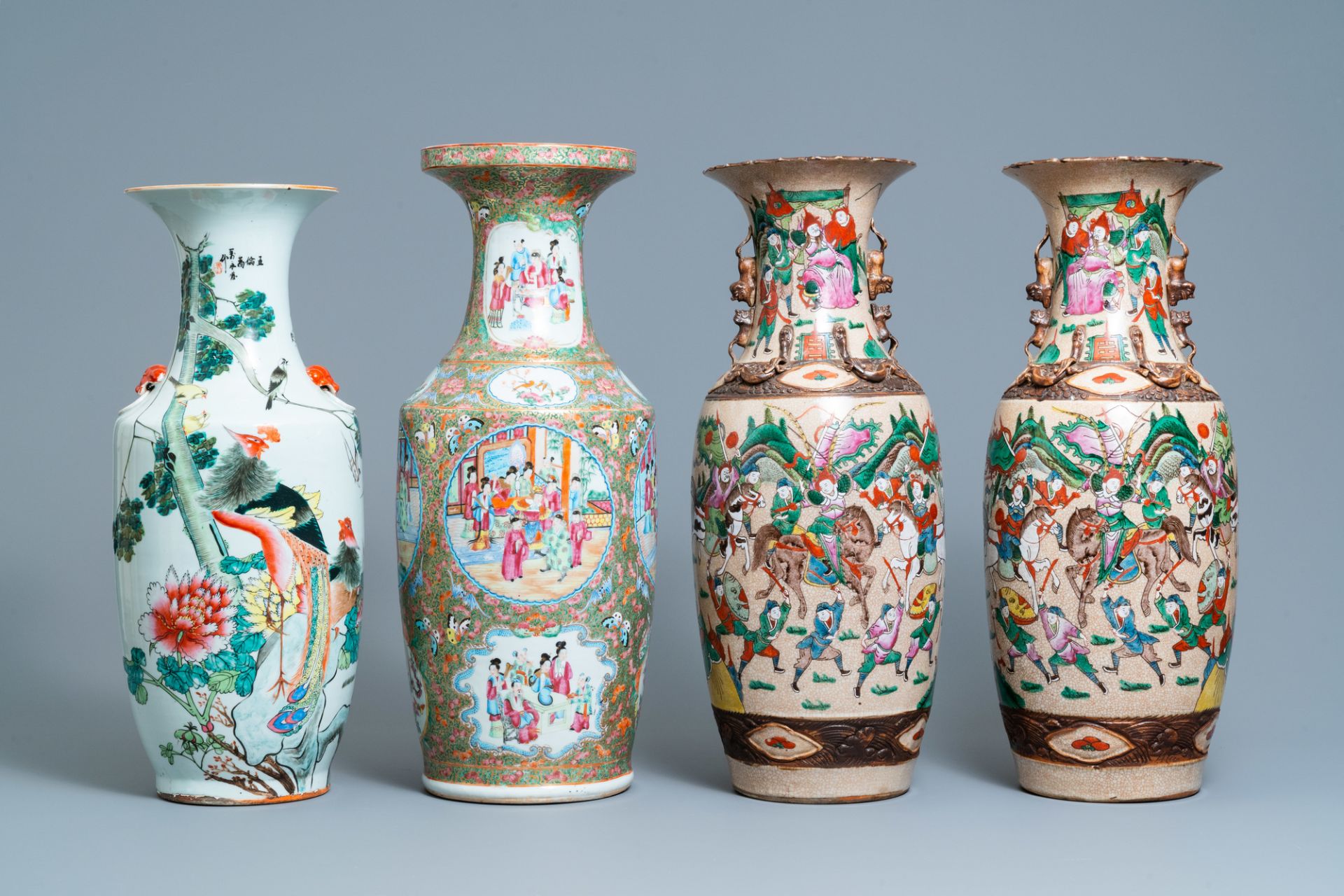 A pair of Chinese Nanking famille rose vases, a Canton vase and a 'phoenixes' vase, 19/20th C. - Image 2 of 9