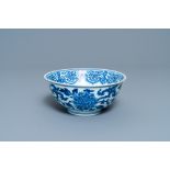 A Chinese blue and white 'peony scroll' bowl, Xuande mark, Kangxi