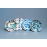 Four Chinese blue and white, Imari-style and famille verte dishes, Ming and later