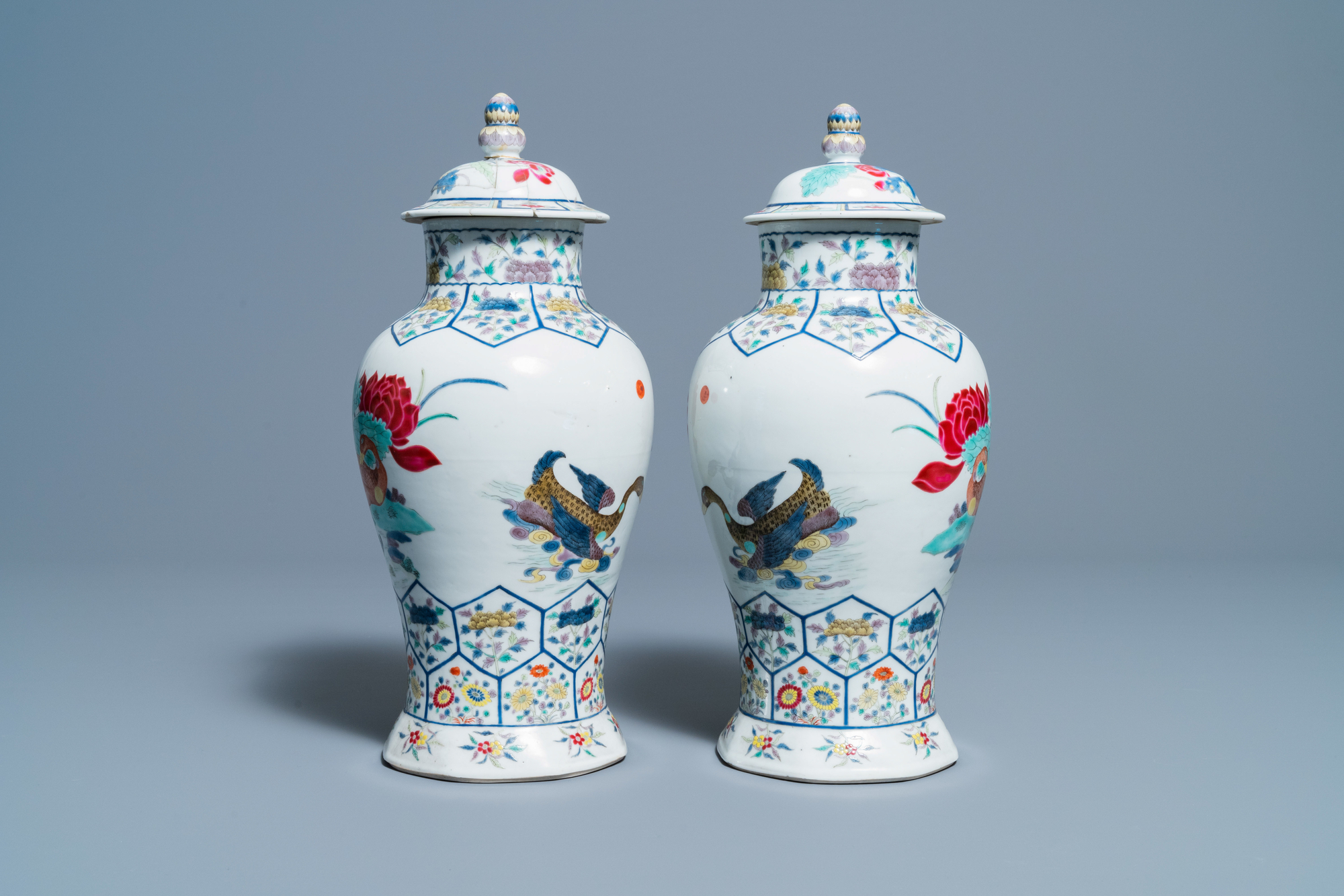 A pair of Chinese famille rose 'mandarin ducks' vases and covers, Kangxi mark, Republic - Image 2 of 6