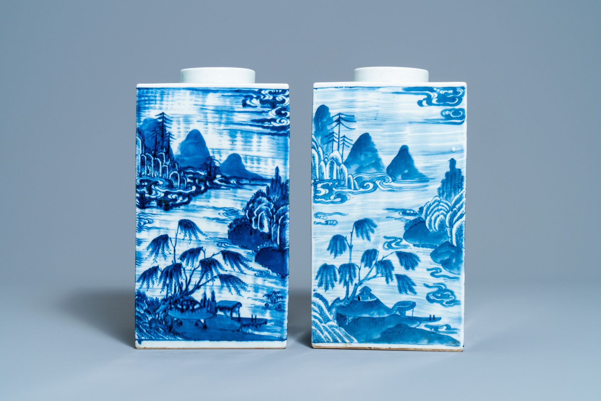 A pair of Chinese blue and white square 'landscape' jars, 19th C. - Image 5 of 9