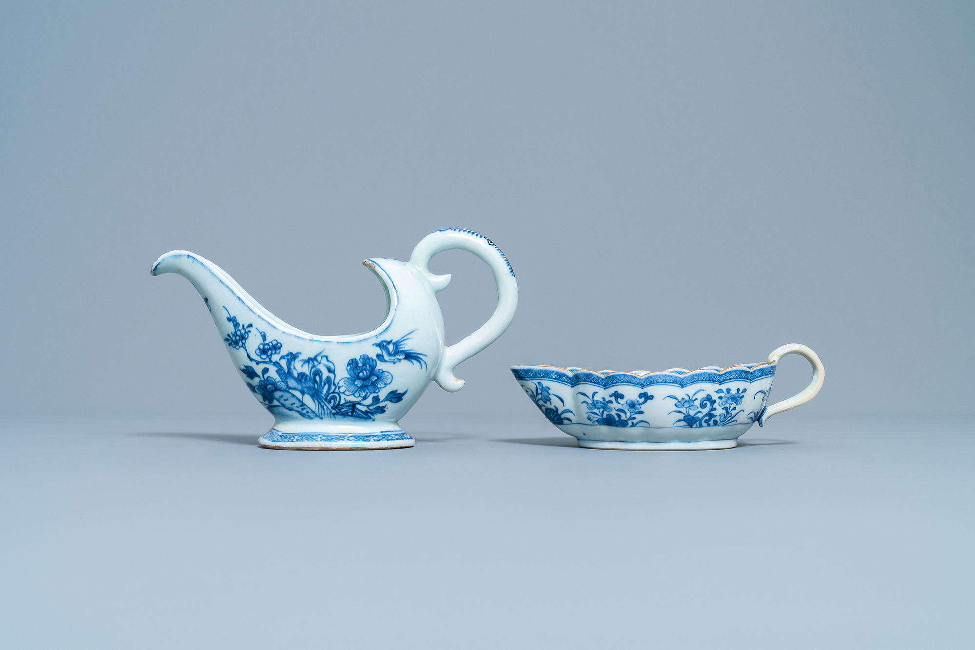 Two Chinese blue and white sauceboats on stands, Qianlong - Image 2 of 10