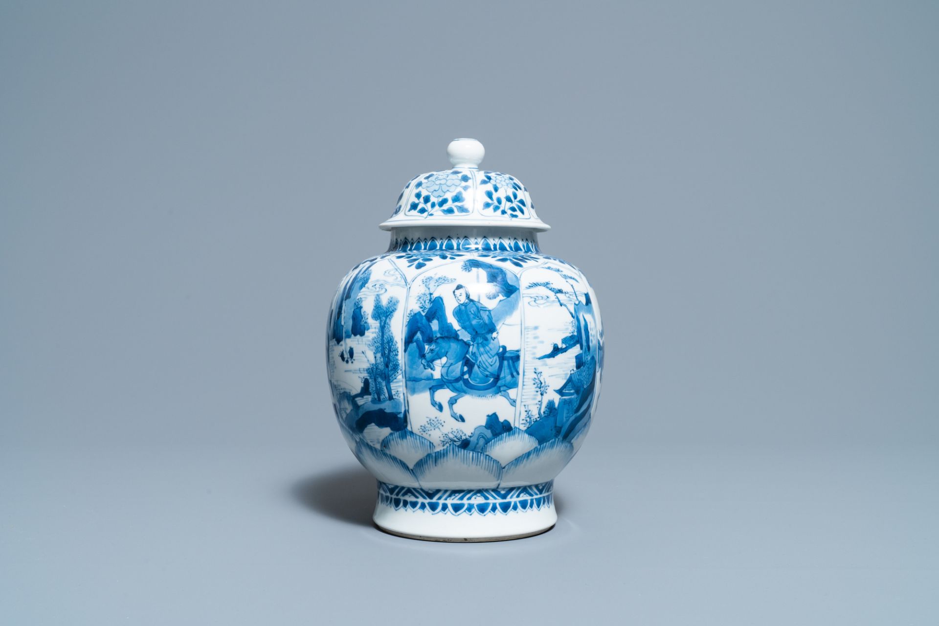 A Chinese blue and white 'horseriders' vase and cover, Kangxi - Image 2 of 6