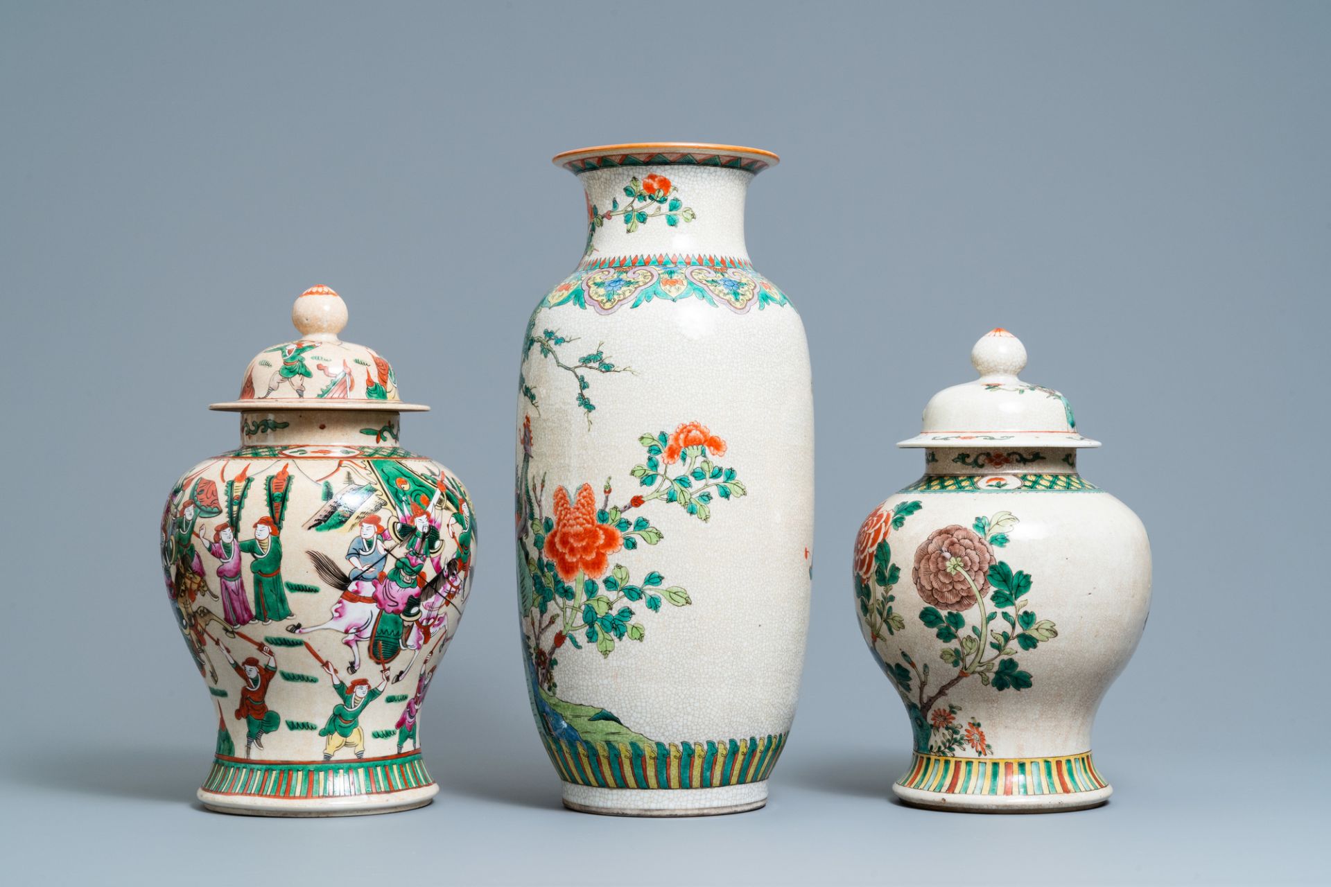 Three Chinese Nanking famille rose and verte crackle-glazed vases, 19/20th C. - Image 4 of 8