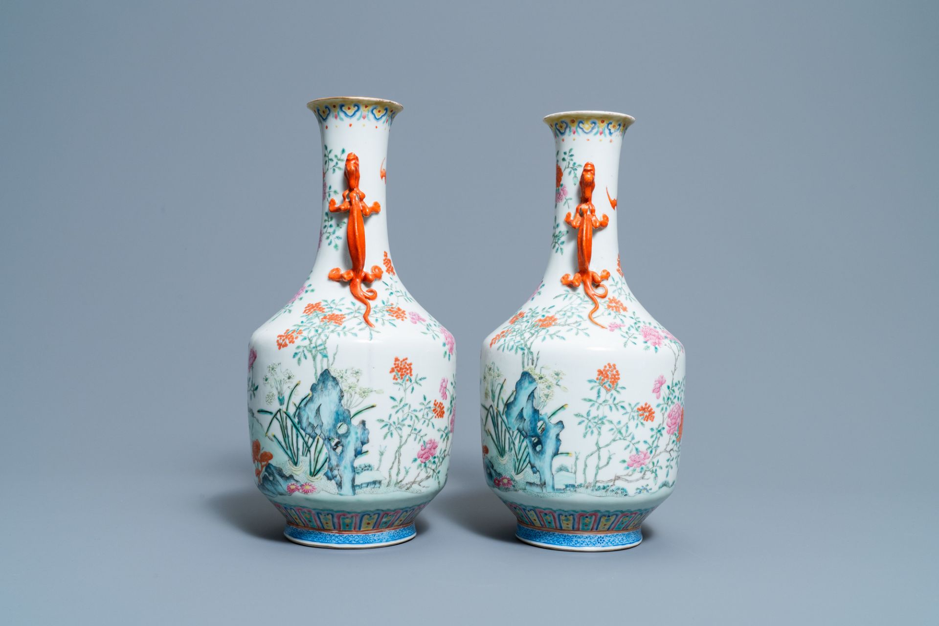 A pair of Chinese famille rose 'floral scenery' vases, Jiaqing mark, 19th C. - Image 2 of 6