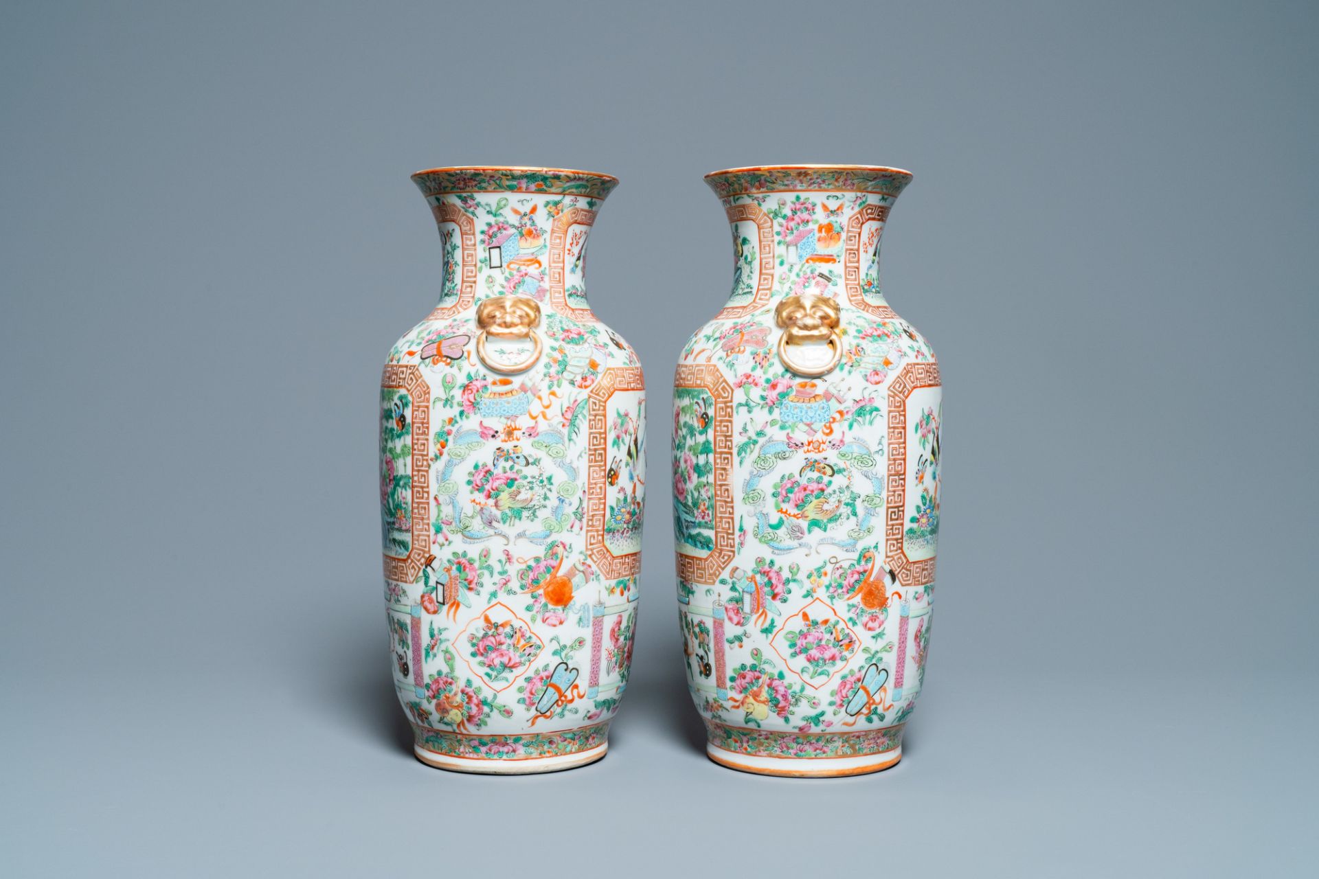 A pair of Chinese Canton famille rose vases, 19th C. - Image 4 of 6