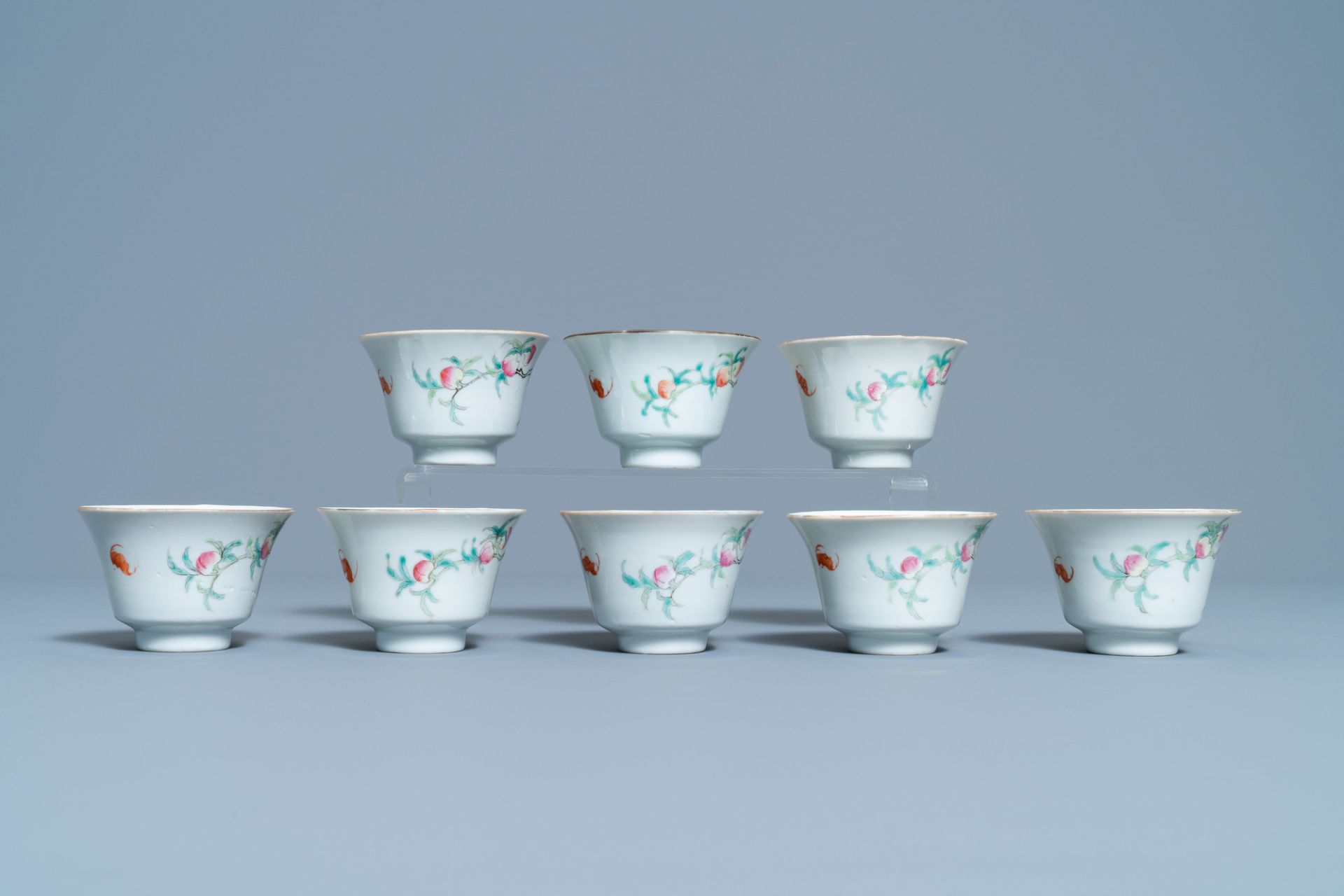 Eight Chinese famille rose 'nine peach' bowls, Hui Tong Zhen Pin mark, 19/20th C. - Image 5 of 7