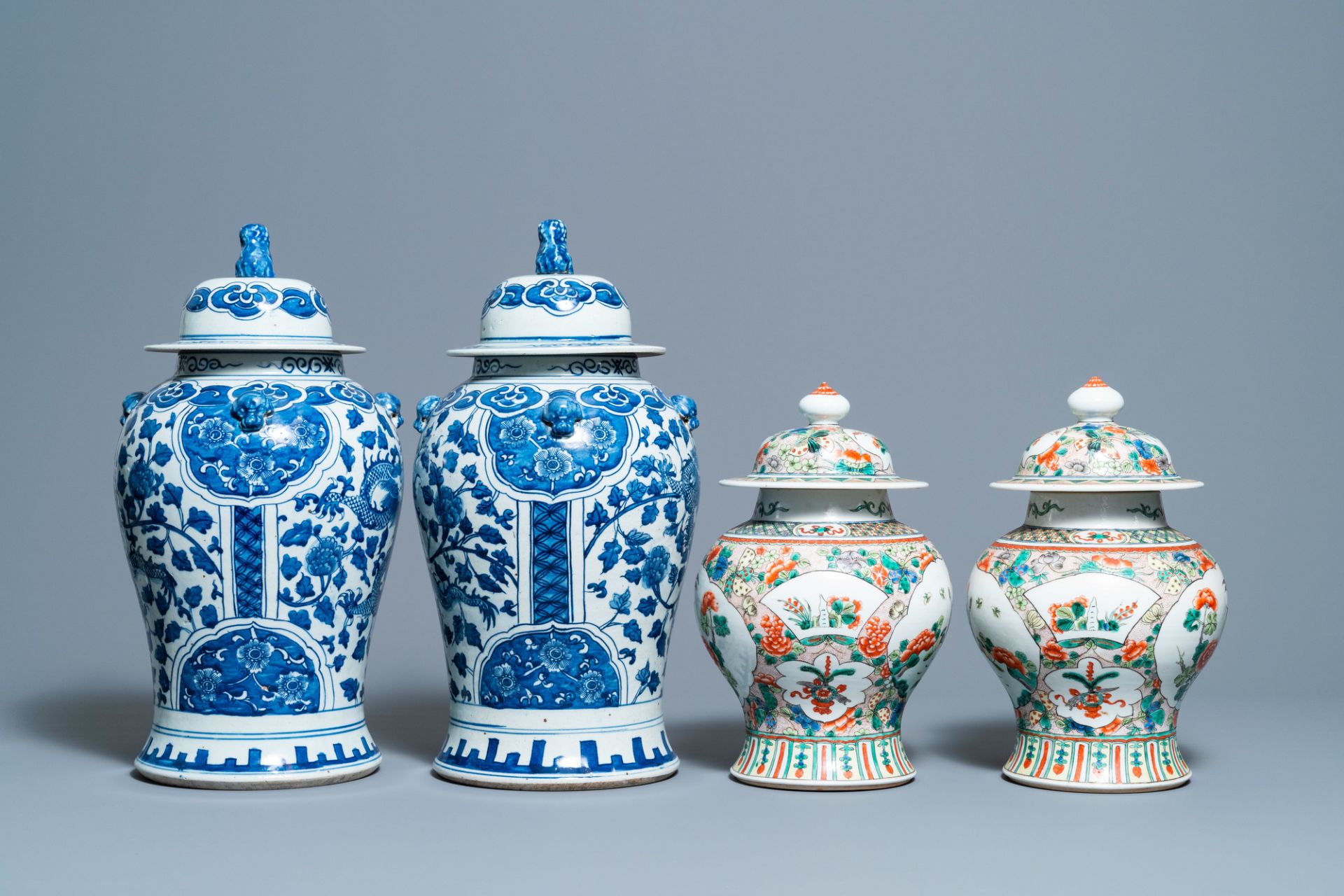 Two pairs of Chinese blue and white and famille verte vases and covers, 19/20th C. - Image 3 of 9