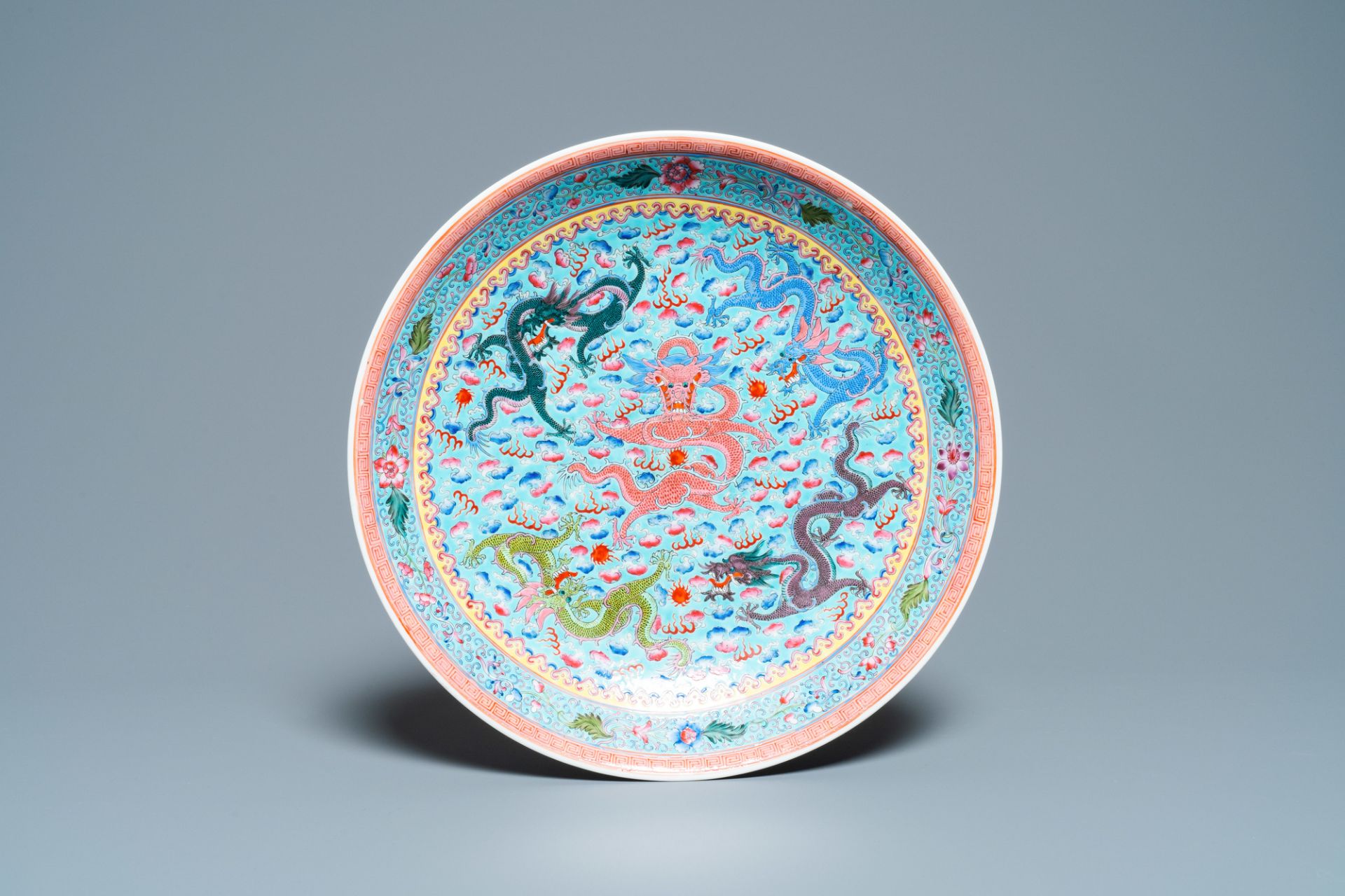 A Chinese famille rose 'dragon' dish, Qianlong mark, Republic