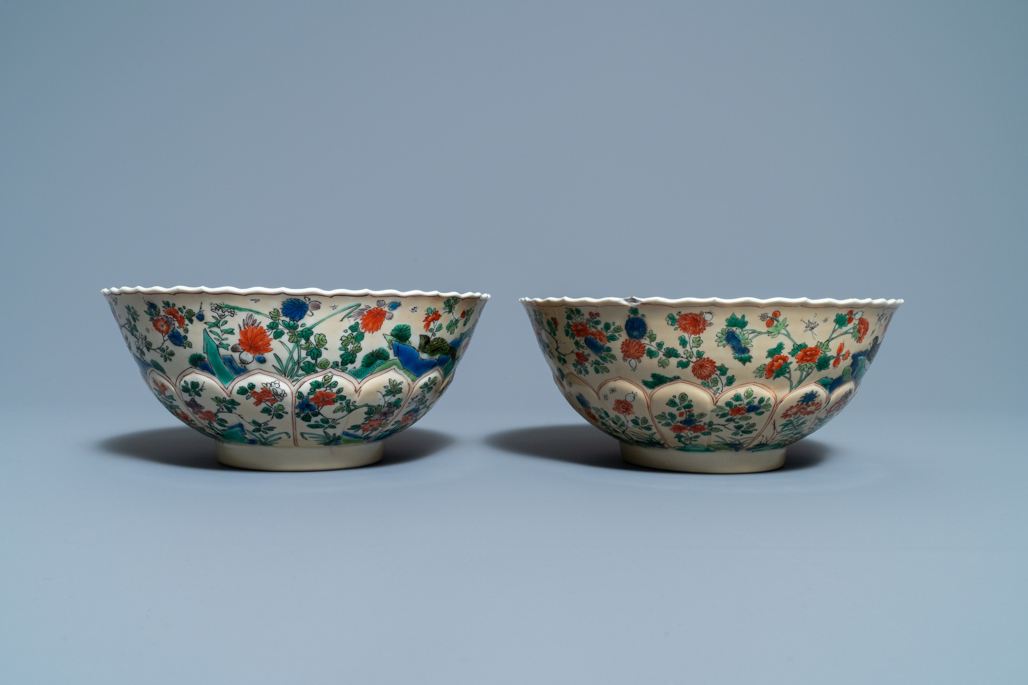 A pair of Chinese famille verte cafe-au-lait-ground lotus-molded bowls, Kangxi - Image 6 of 8