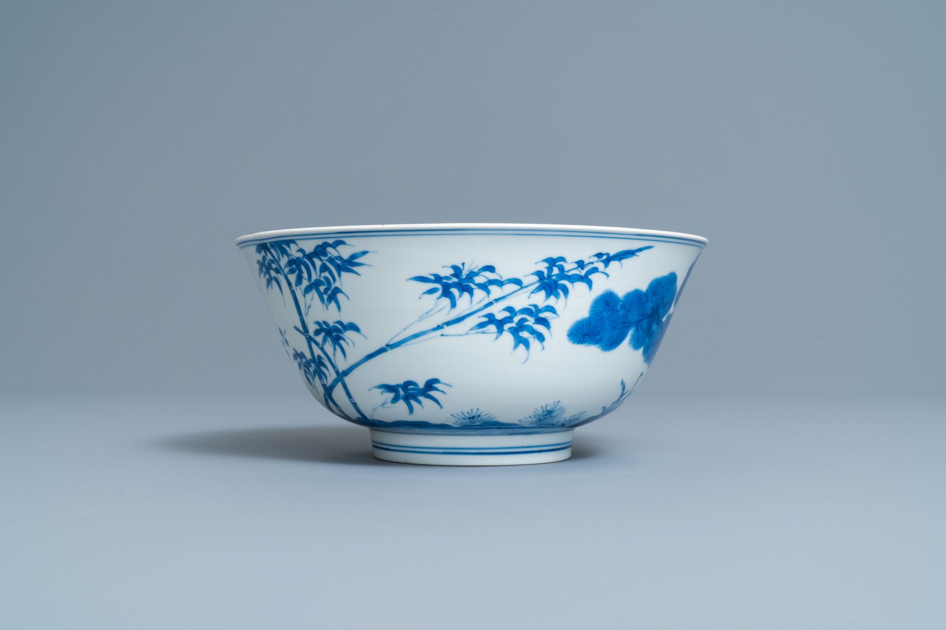 A Chinese blue and white 'Three friends of winter' bowl, Kangxi mark and of the period - Image 5 of 7