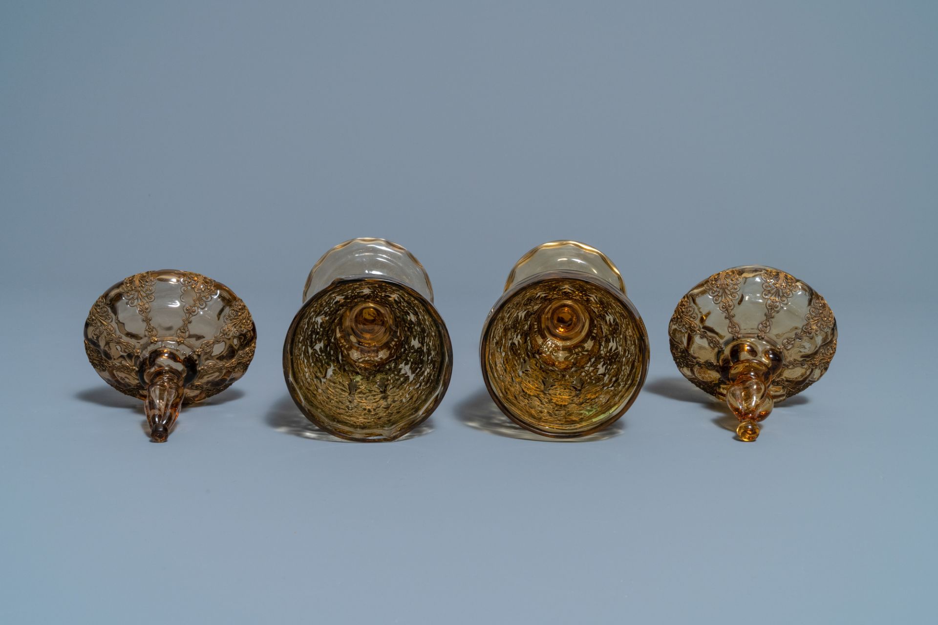 A pair of Russian or Eastern-European gilt copper and glass-inlaid glass goblets and covers, 19th C. - Image 5 of 6