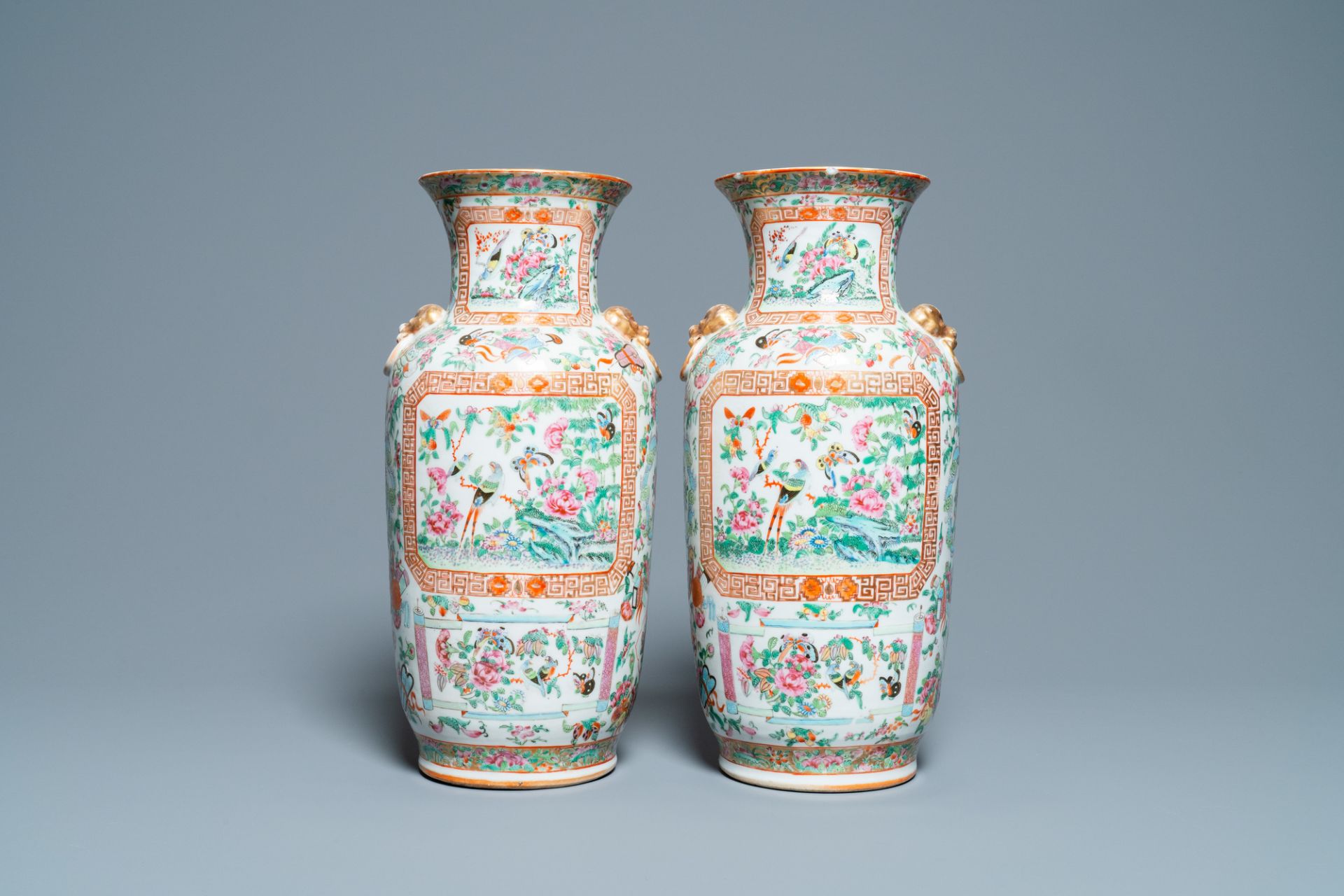 A pair of Chinese Canton famille rose vases, 19th C. - Image 3 of 6