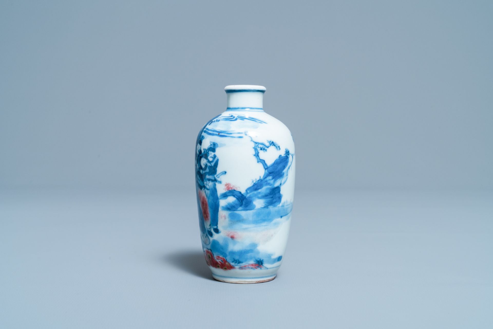 A small Chinese blue, white and copper-red vase, 19th C. - Image 2 of 6