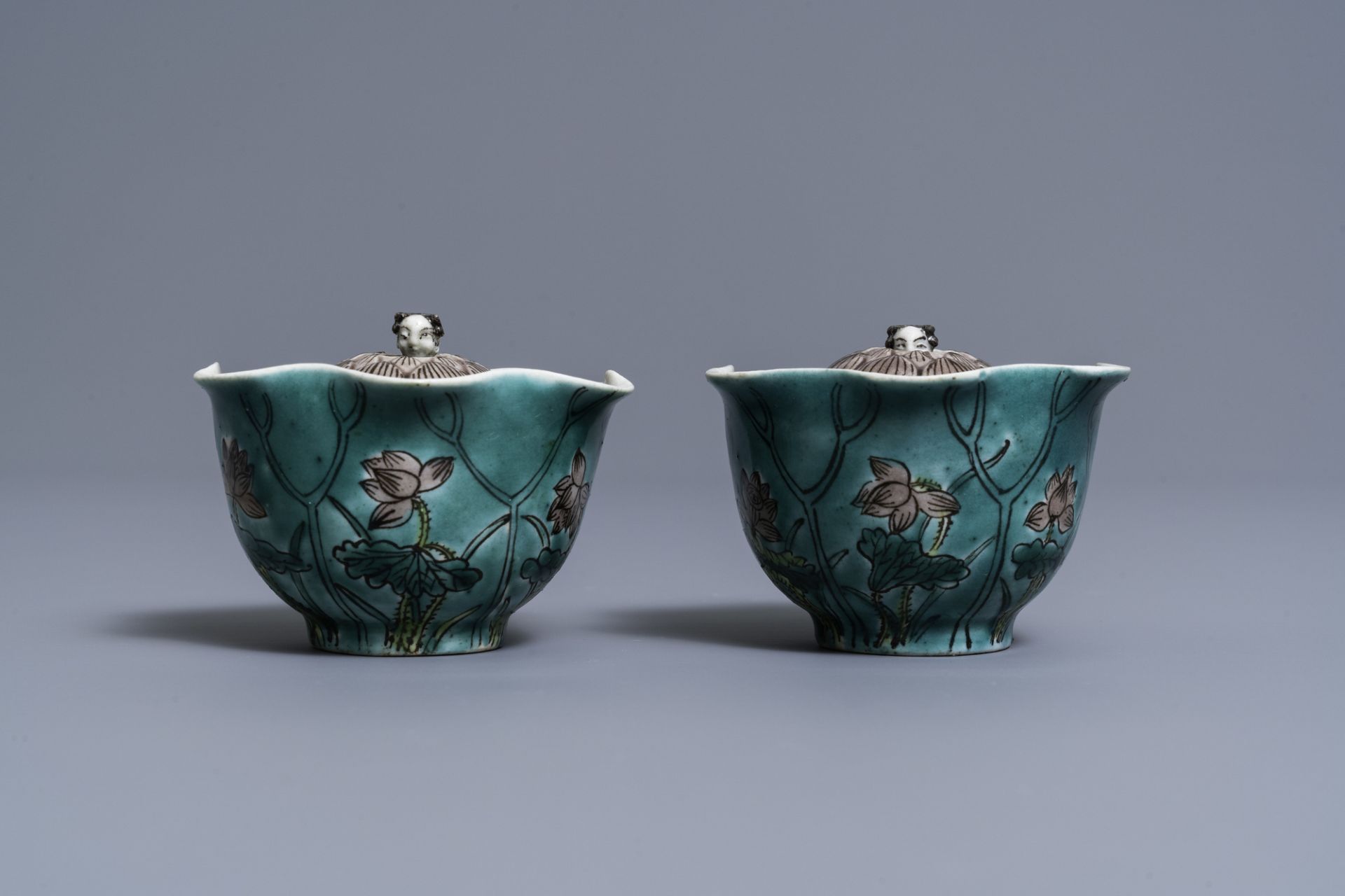 A pair of Chinese verte biscuit lotus-shaped trick cups, 19th C. - Image 2 of 11