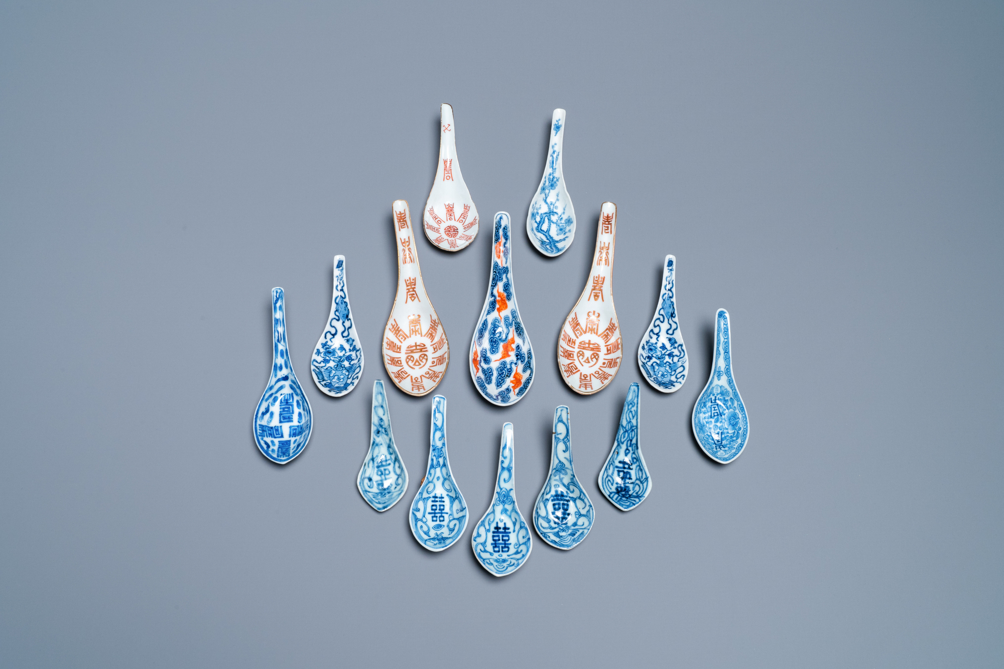 14 Chinese blue and white and iron-red spoons, Jiaqing, Daoguang and Tongzhi