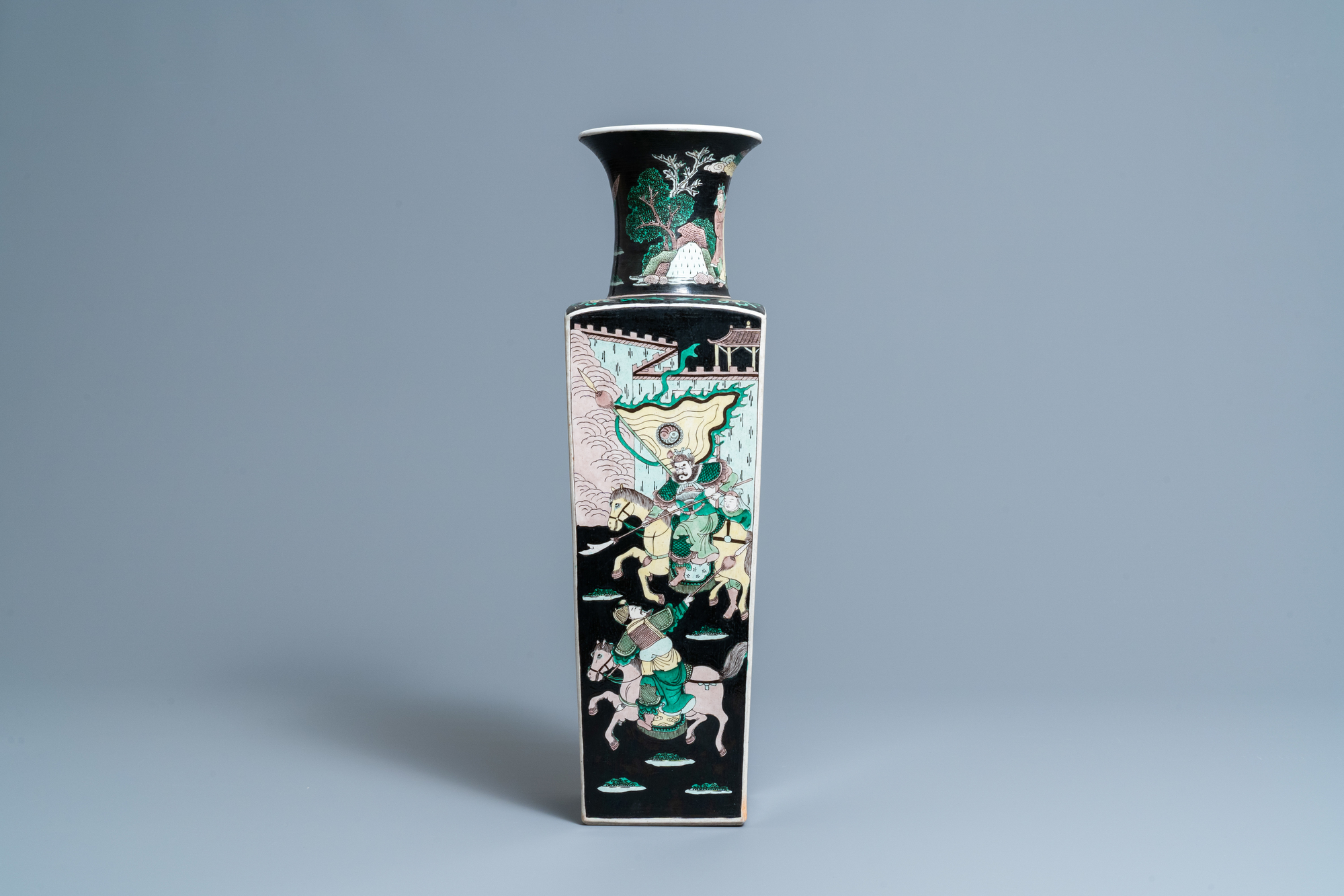 A Chinese square famille noire vase with figurative panels, Kangxi mark, 19th C. - Image 4 of 7